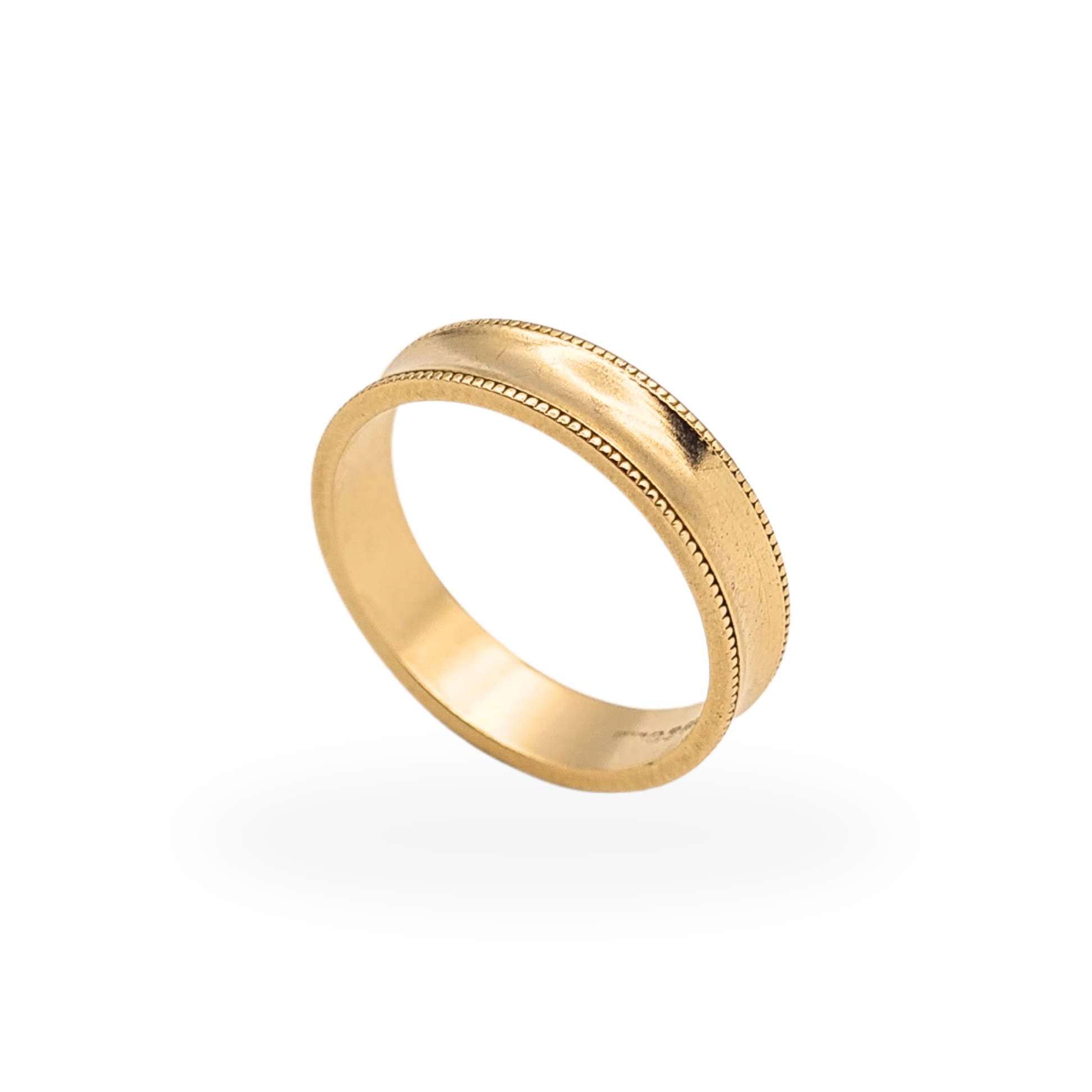 9ct gold dished wedding band with fine bead edge detail, fully British hallmarked 1992, 4mm wide.