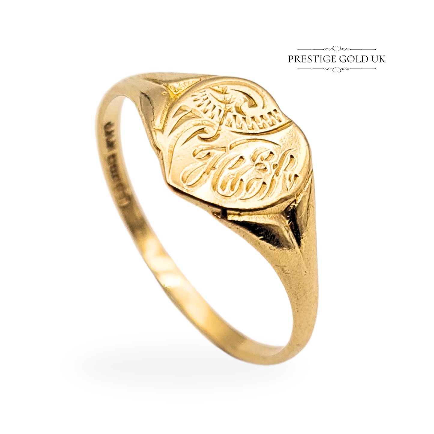 9ct Small Gold Heart Signet Ring, Engraved Design UK P / US 7.5