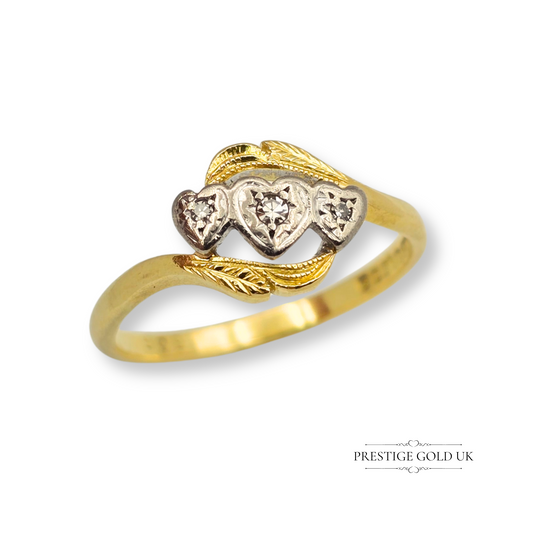 18ct Three Heart Diamond Ring Yellow & White Gold, Crossover Design