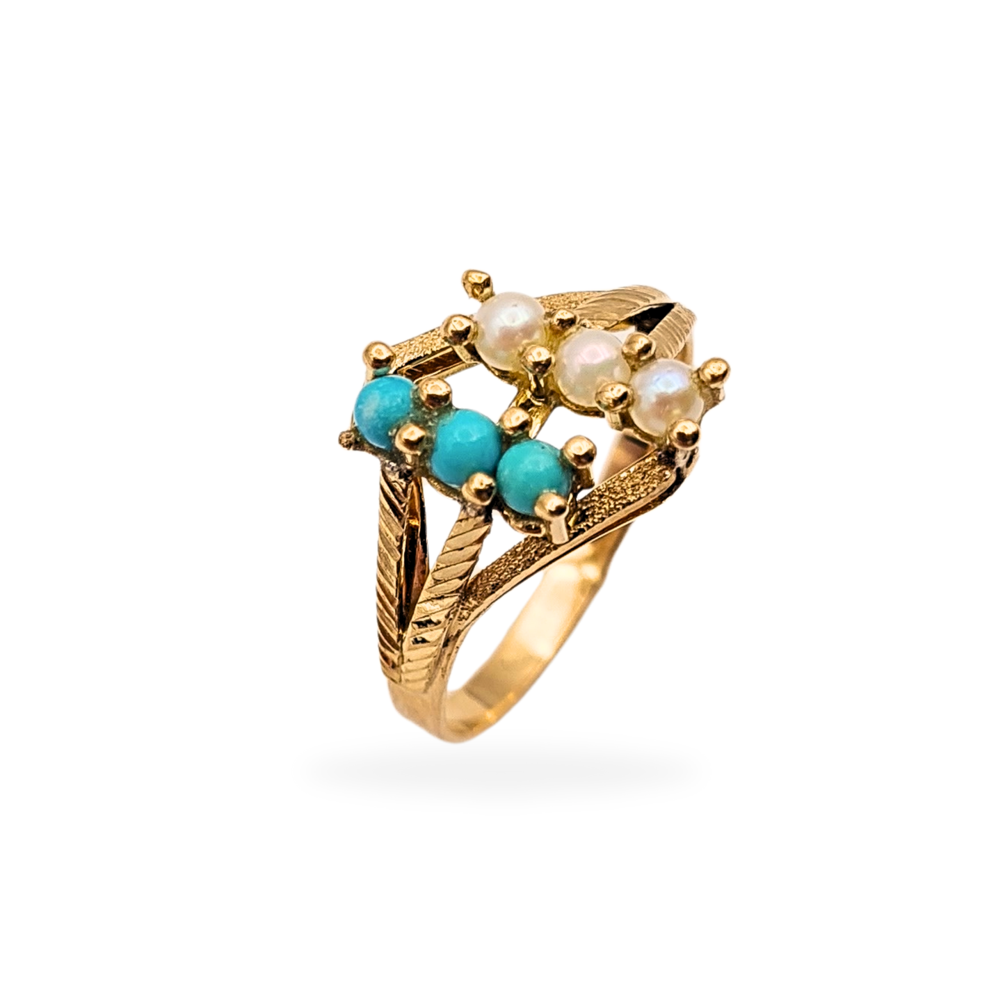 18ct Gold Turquoise 3 Row Ring, Pearl Design, UK M US 6 1/4