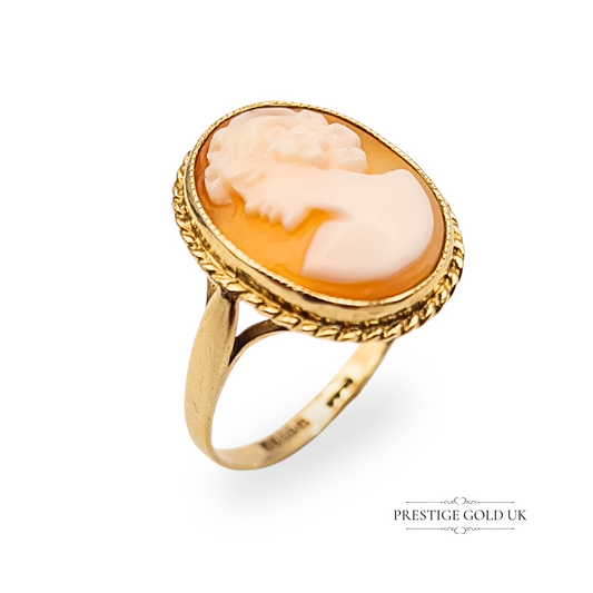 Vintage 9ct gold cameo ring with hand-carved shell portrait of a woman, oval 16x13mm face, ornate twisted frame, fully hallmarked London 1993, UK size N / US size 7, elegant antique style