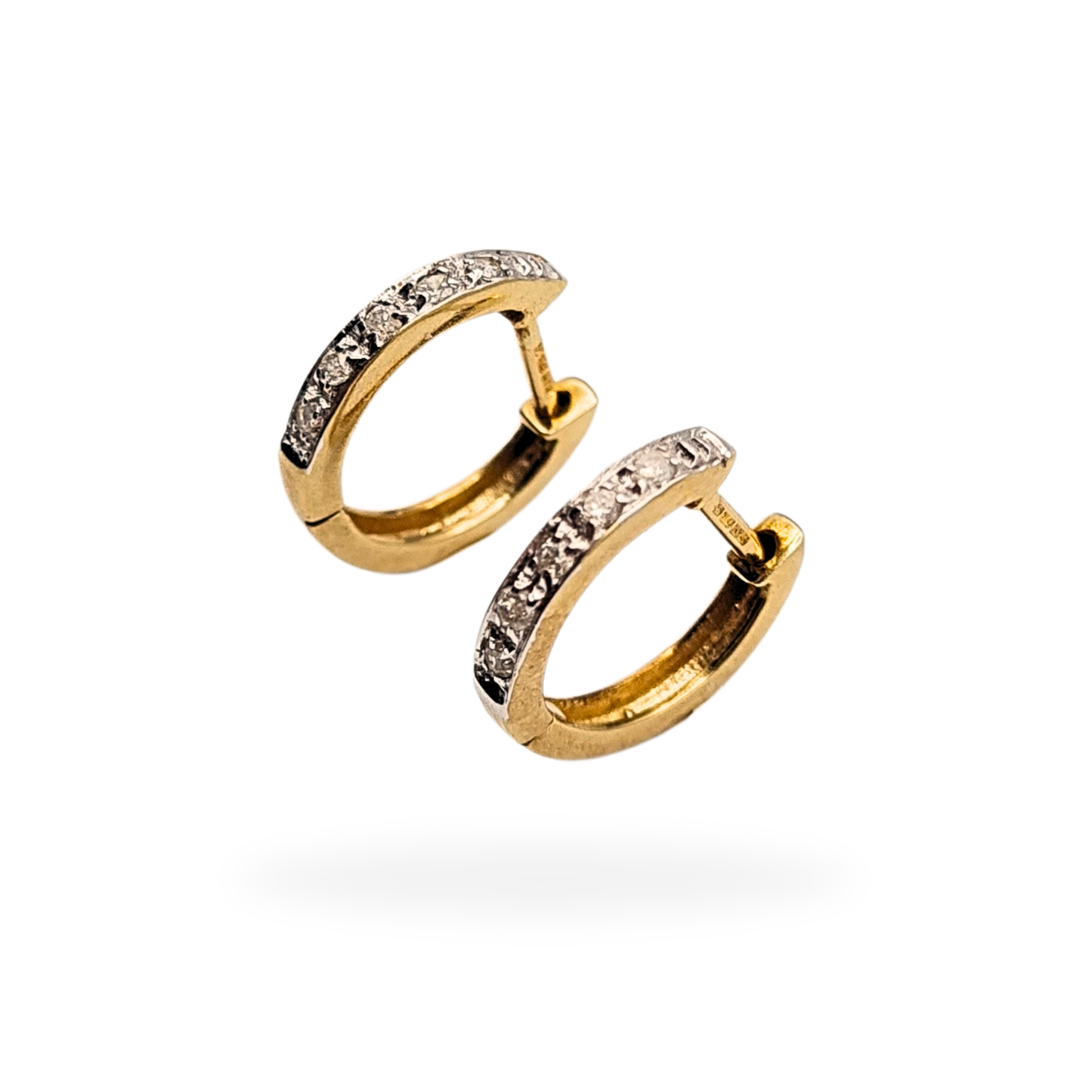 Pair of 9ct yellow gold diamond huggie hoop earrings, fully hallmarked, each 12mm in diameter and 2mm wide with hinged closure. Bright-cut diamond set front, polished finish, lightweight 1.22g design. Elegant and refined everyday gold hoops.
