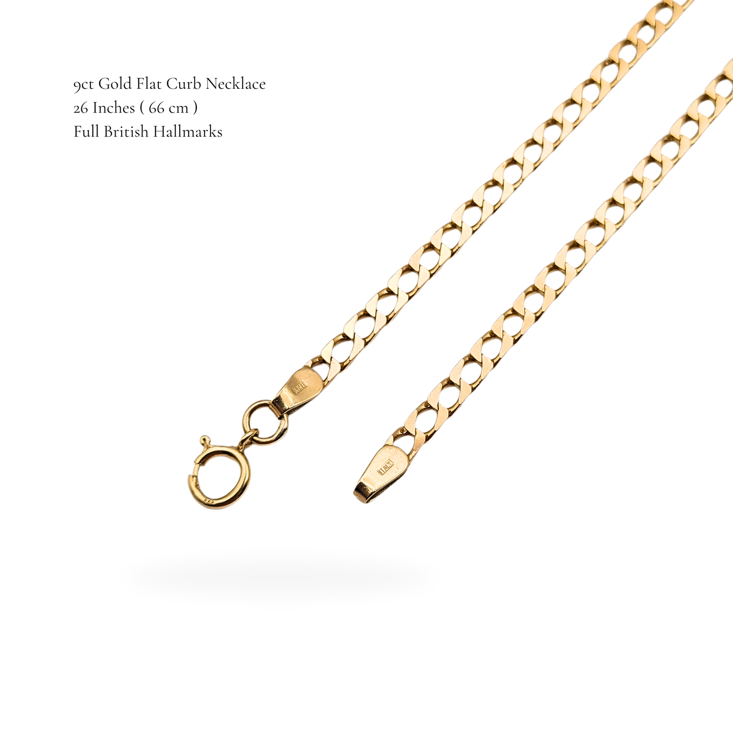 26" Long 9ct Gold Flat Curb Chain Necklace, Spring Clasp