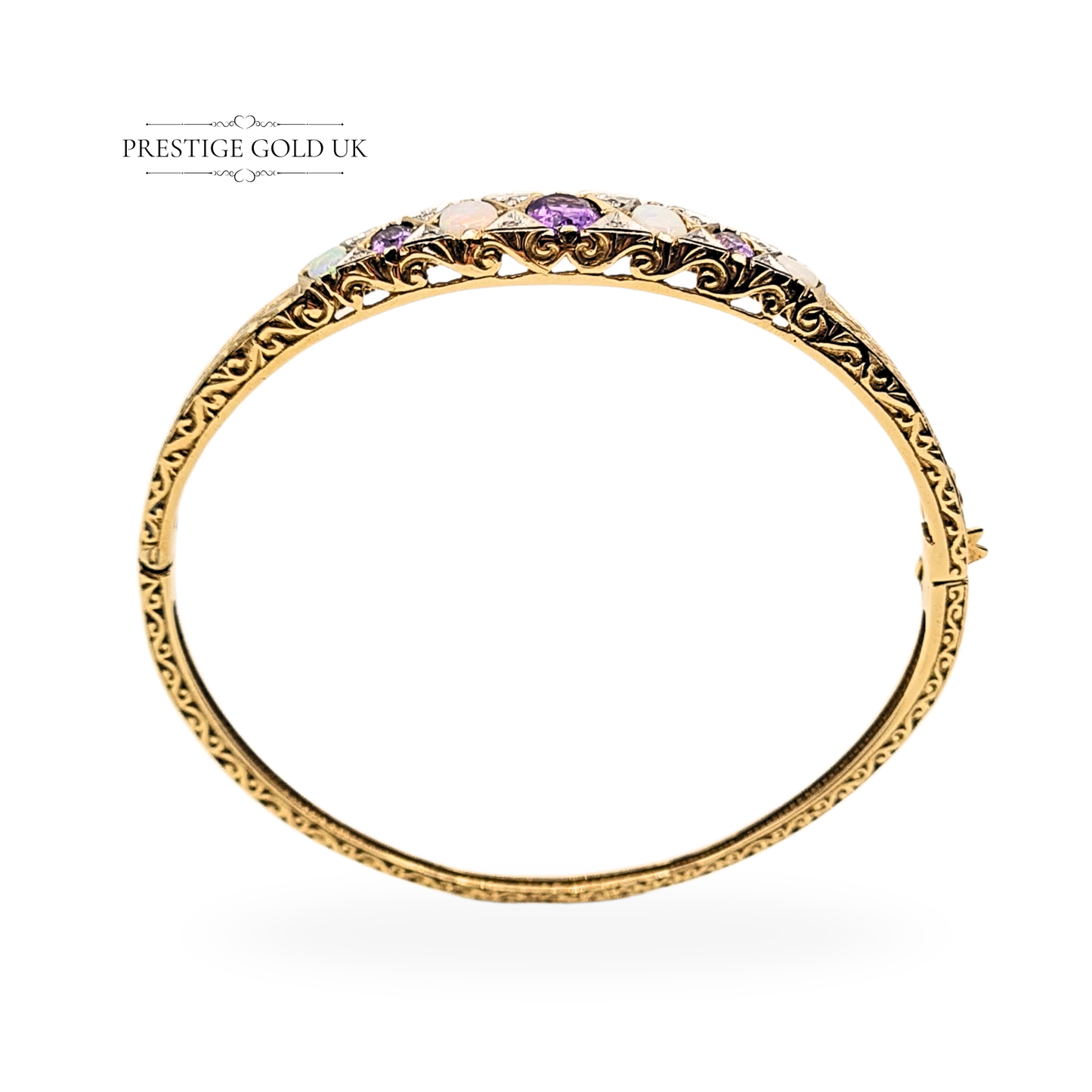 9ct Gold Amethyst Opal Diamond Bangle, 6 1/2" (16cm) 12.73g