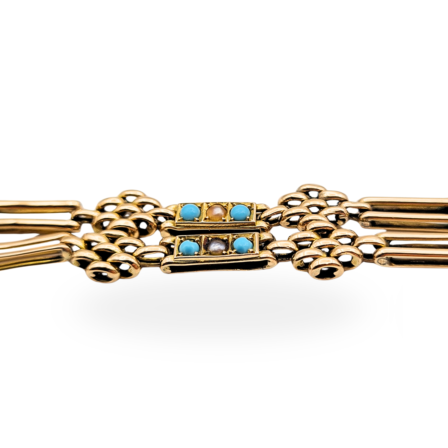 Antique 9ct Rose Gold Turquoise Pearl Gate Bracelet, 1904, 7½ inches long