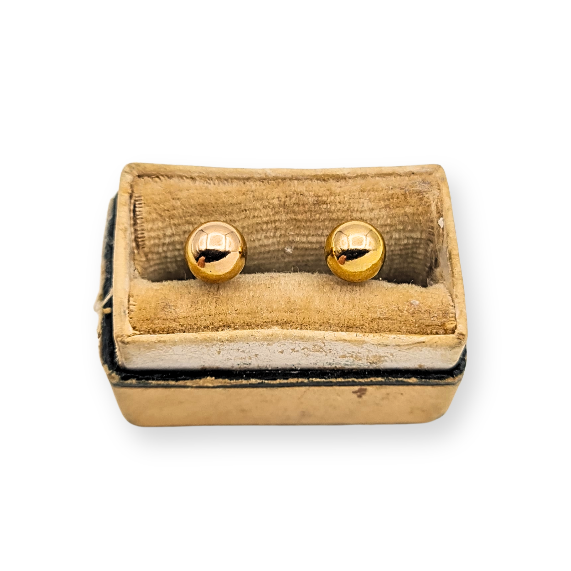 Pair of 9ct yellow gold ball stud earrings with polished hollow 5mm gold beads and straight 12mm posts. Fully British hallmarked with butterfly back fittings, classic minimalist gold sphere design suitable for everyday wear.