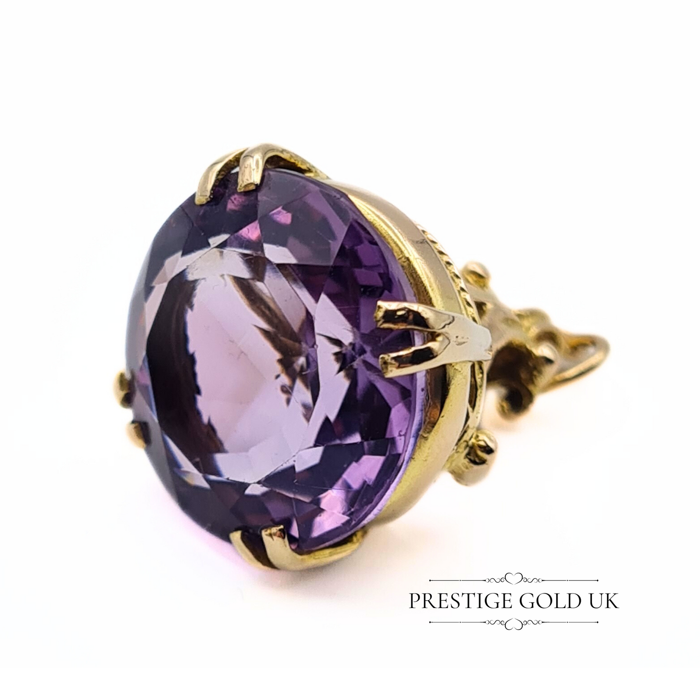 Gold Amethyst Fob 9ct - Ornate Round Amethyst Fob - Purple Amethyst Pendant