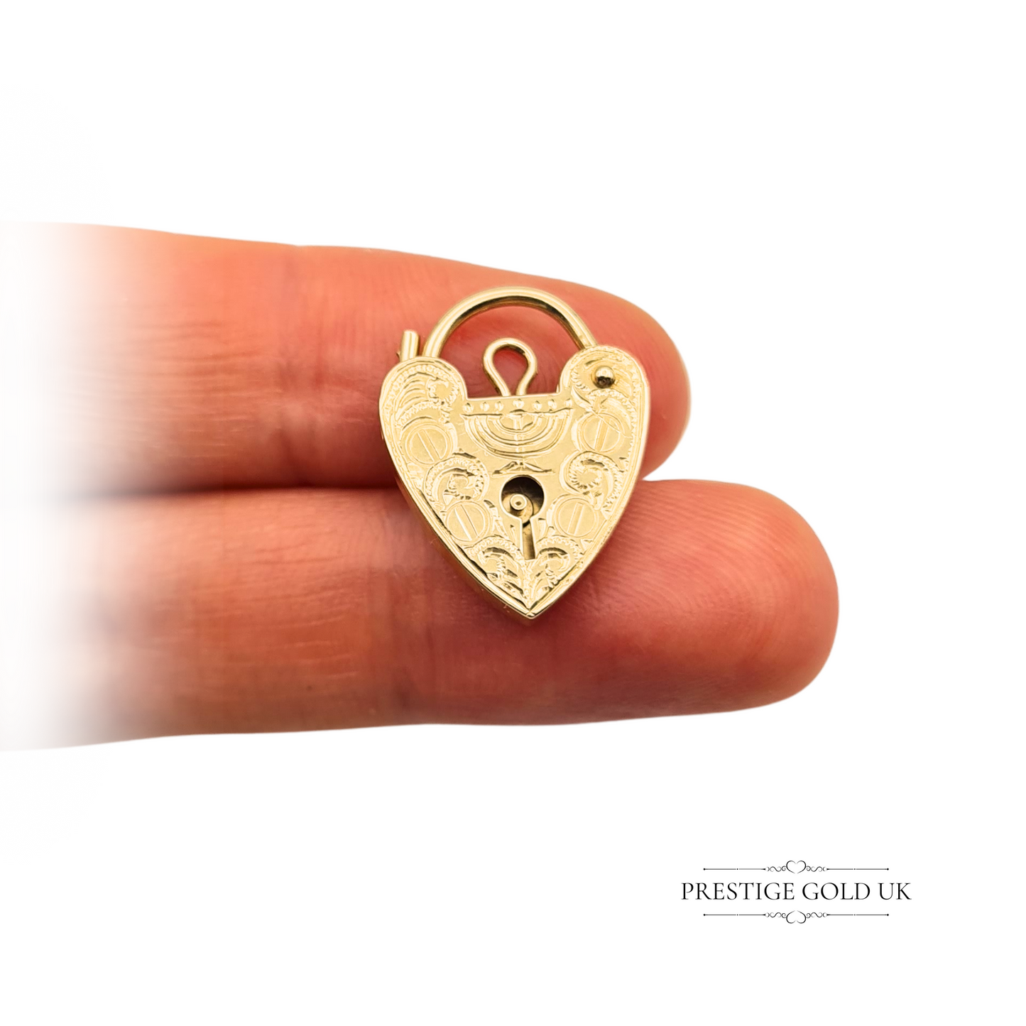 9ct Gold Medium Heart Padlock Hand Engraved Menorah Charm