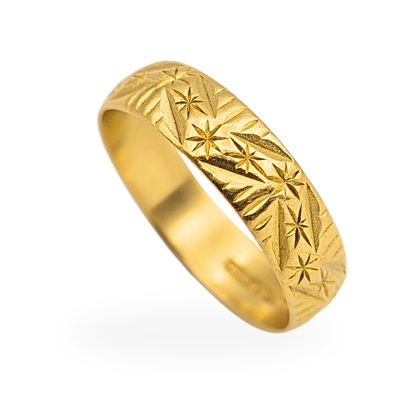 18ct Gold Engraved Wedding Band 1976 Hallmarked Star Pattern UK O1/2 US 7.5