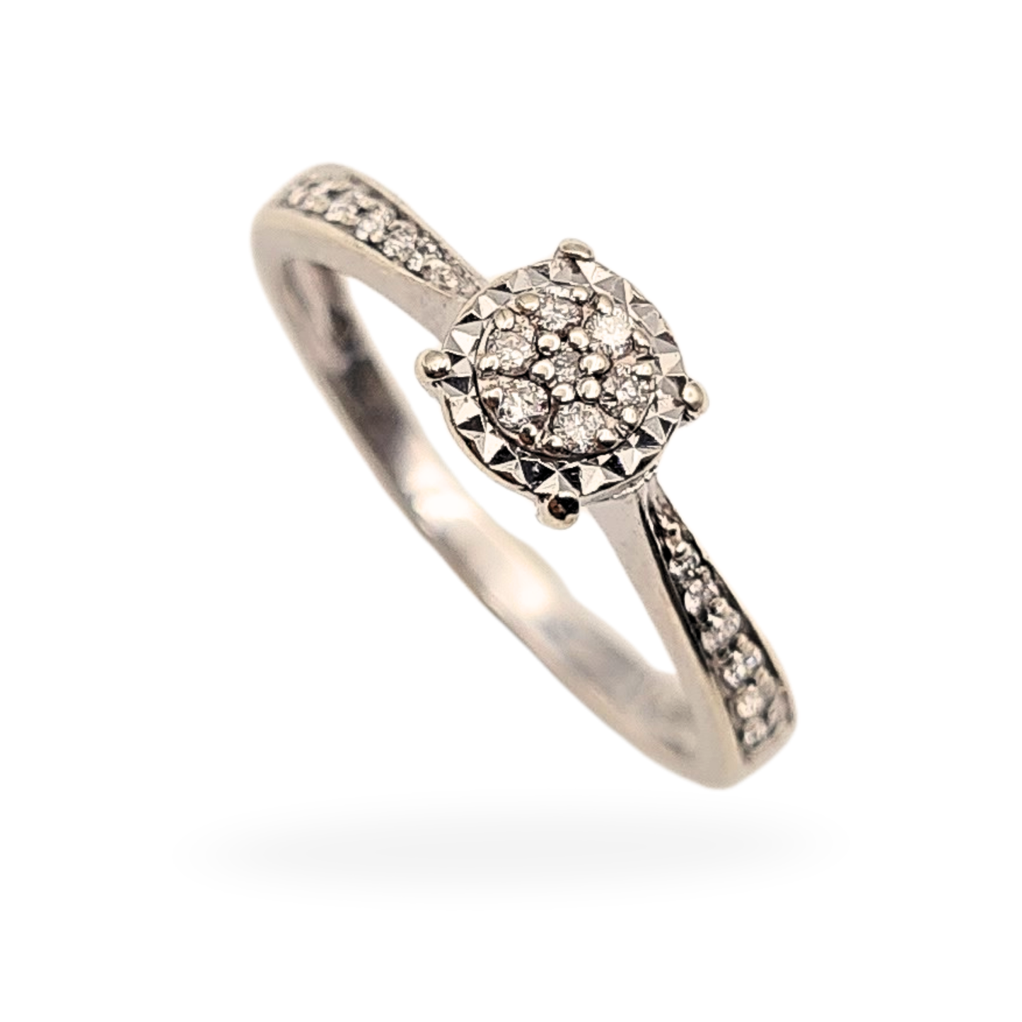 9ct White Gold Engagement Ring, Diamond Pavé Shoulders, UK M 1/2 / US 6.5