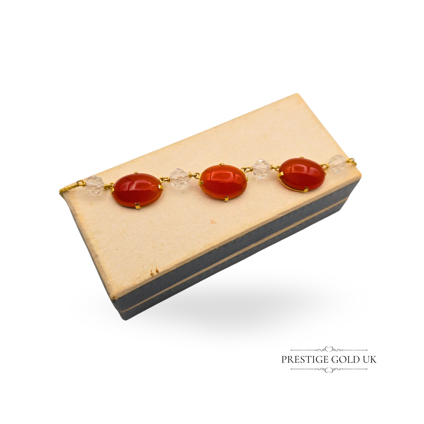 14.5" Gold Carnelian Necklace, 3 Oval Stones & Crystal Beads, 9ct Gold