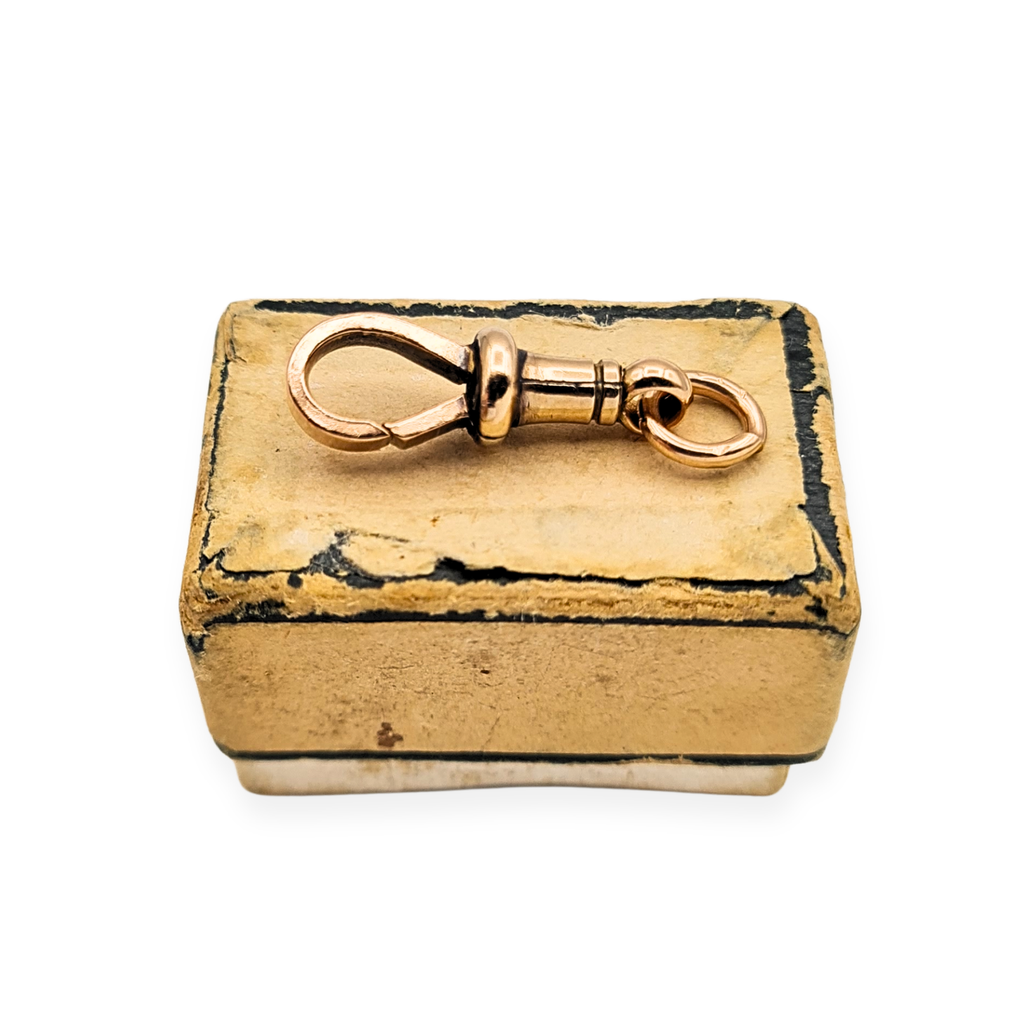 Antique 9ct rose gold Albert chain dog clip measuring 18mm long and weighing 1.3g, featuring a square-section clip arm, stamped 9ct and tested, shown from multiple angles to highlight the swivel mechanism, warm rose gold tone, and well-preserved antique condition.