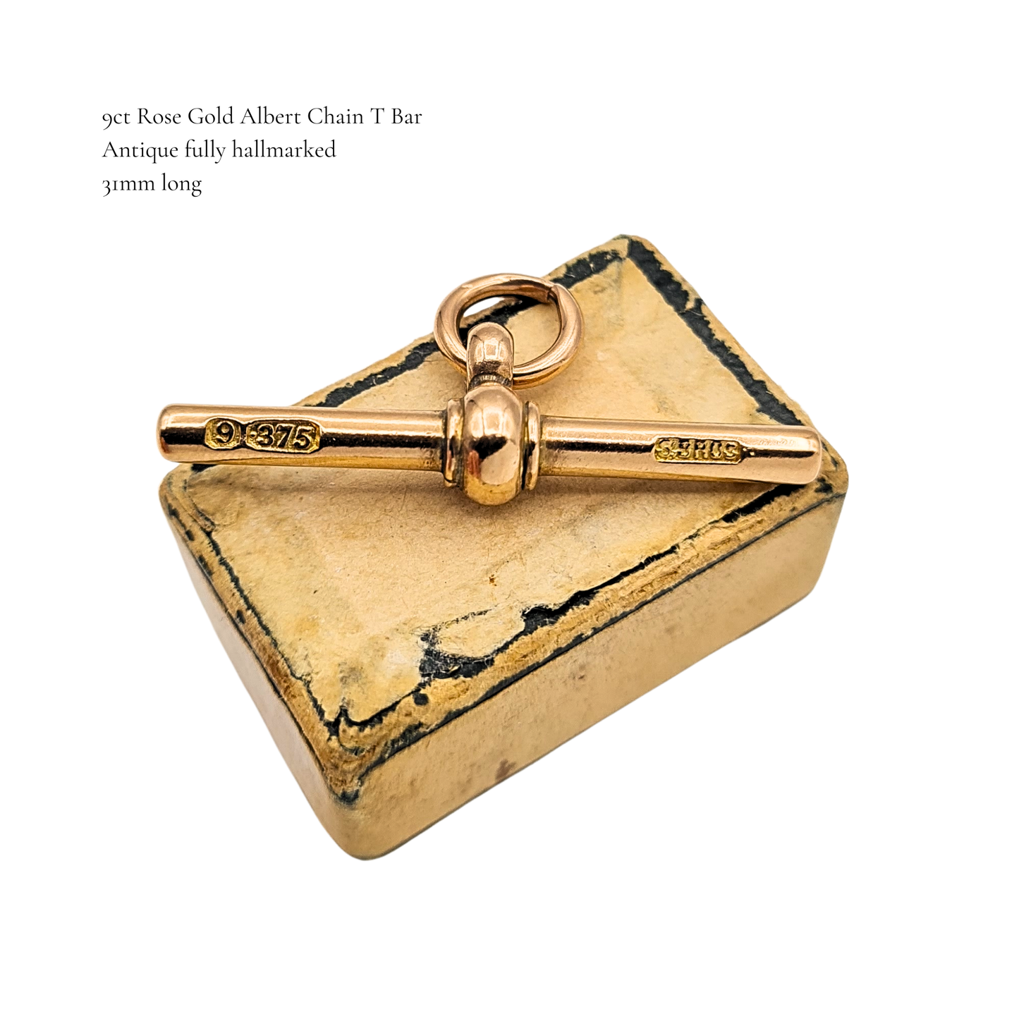 Antique 9ct Solid  Rose Gold Albert T Bar, Stamped 375