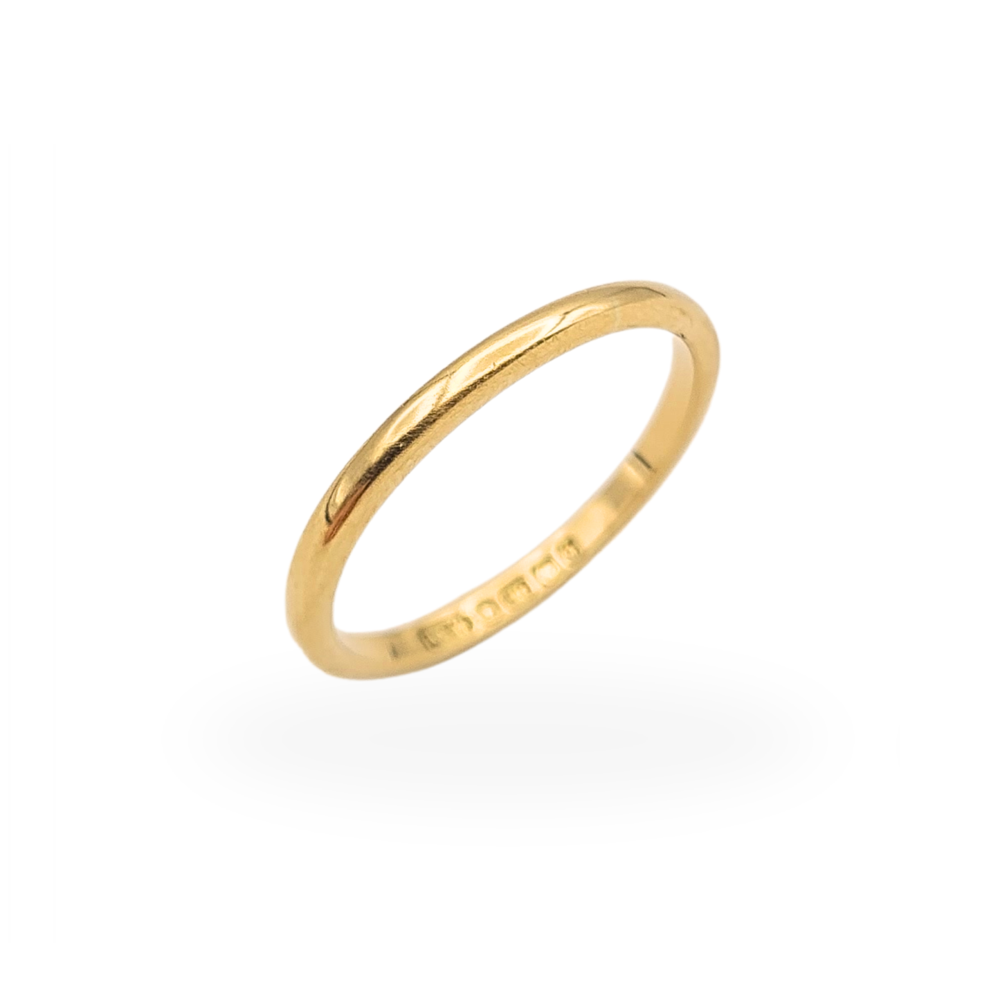 Slim 18ct gold wedding band ring with Birmingham 1979 hallmark, UK size K, polished yellow gold stacking ring.