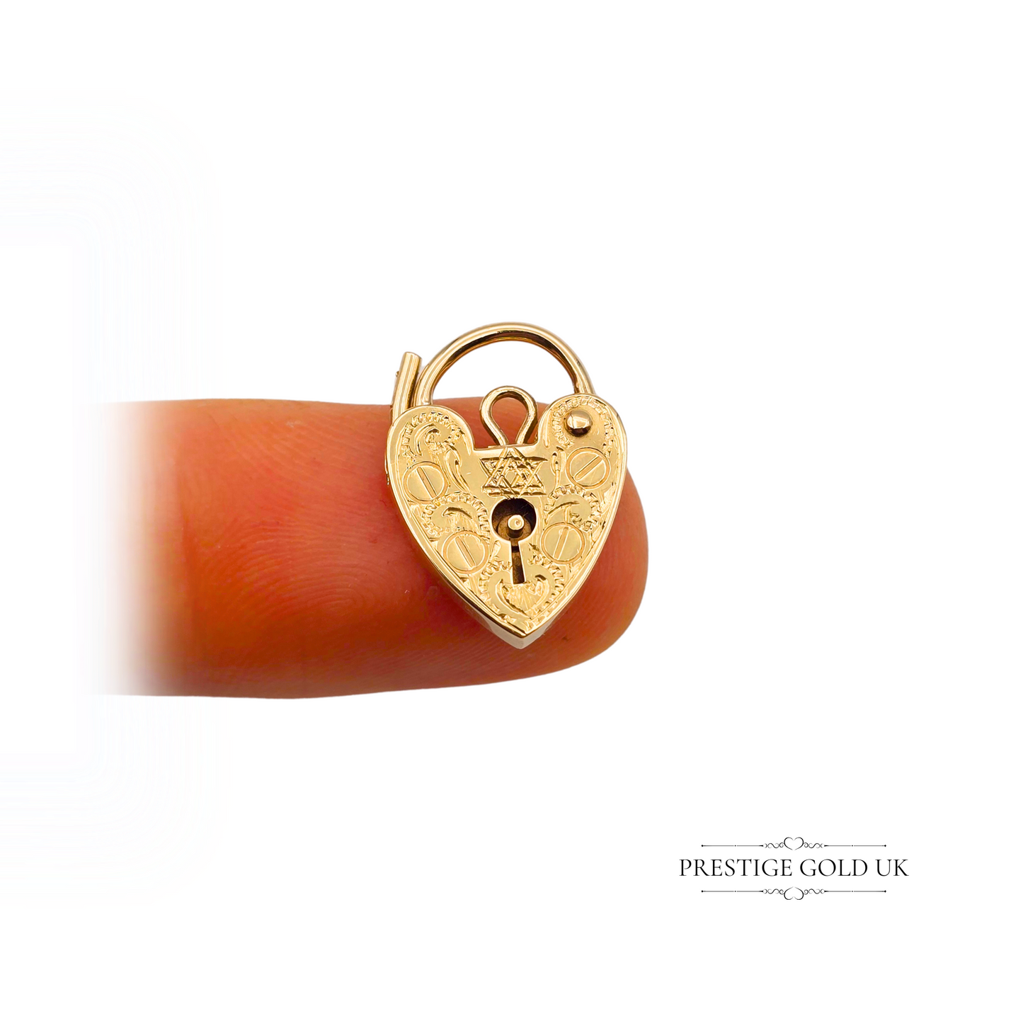 Star of David 9k Gold Heart Padlock Charm, Hallmarked London 1977, Hand Engraved