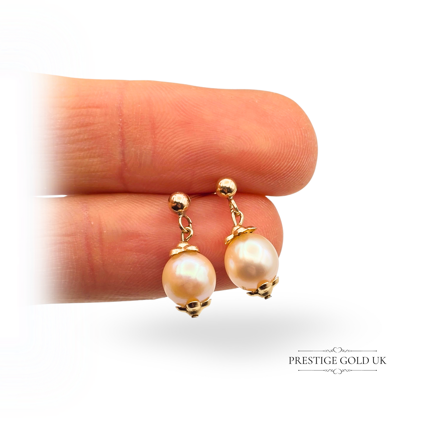 9ct Gold Drop Pearl Earrings, Dangle Studs Featuring Cream Round Pearls