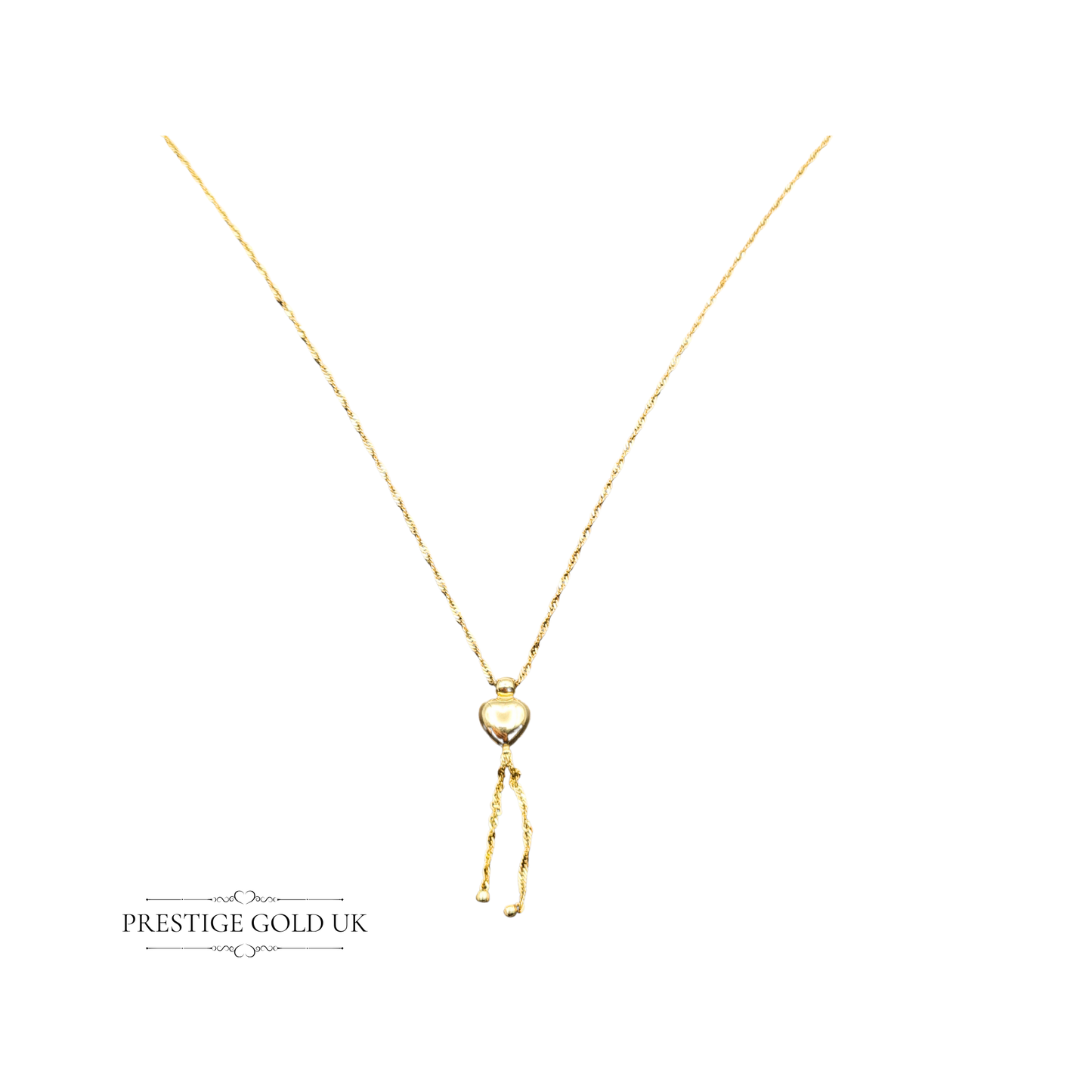 15" Long 9ct Gold Twist Rope Necklace, Sliding Heart Pendant, 15 3/4" (40cm) Long, 1mm Wide, Fully Hallmarked Sheffield
