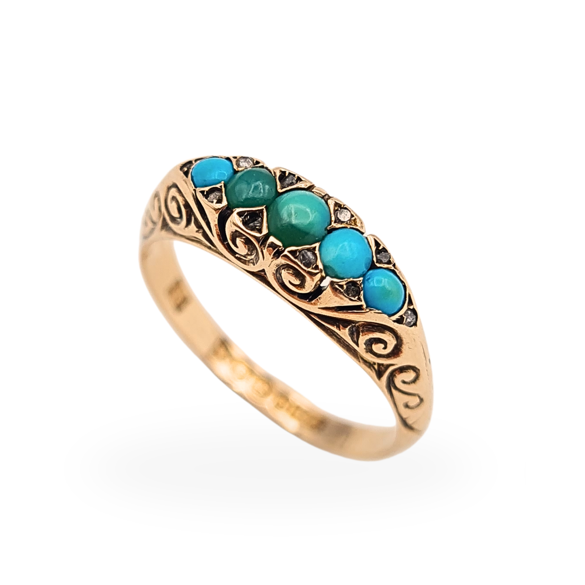 9ct gold five stone turquoise cabochon and diamond ring hallmarked Chester 1902 UK size P