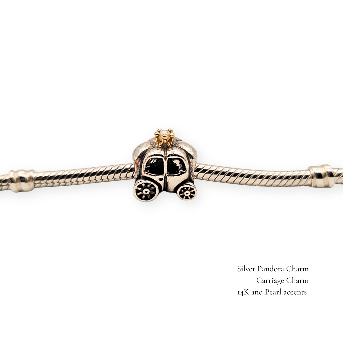 Pandora Silver 14k Gold Carriage Charm S925 ALE, Pearl Accent, Retired