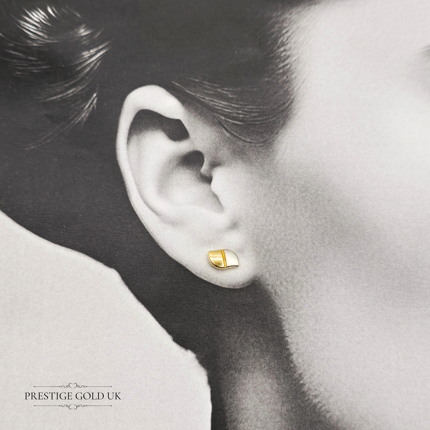 9ct Small Two Tone Gold Stud Earrings, Yellow and Satin White Gold, Coffee Bean Shape