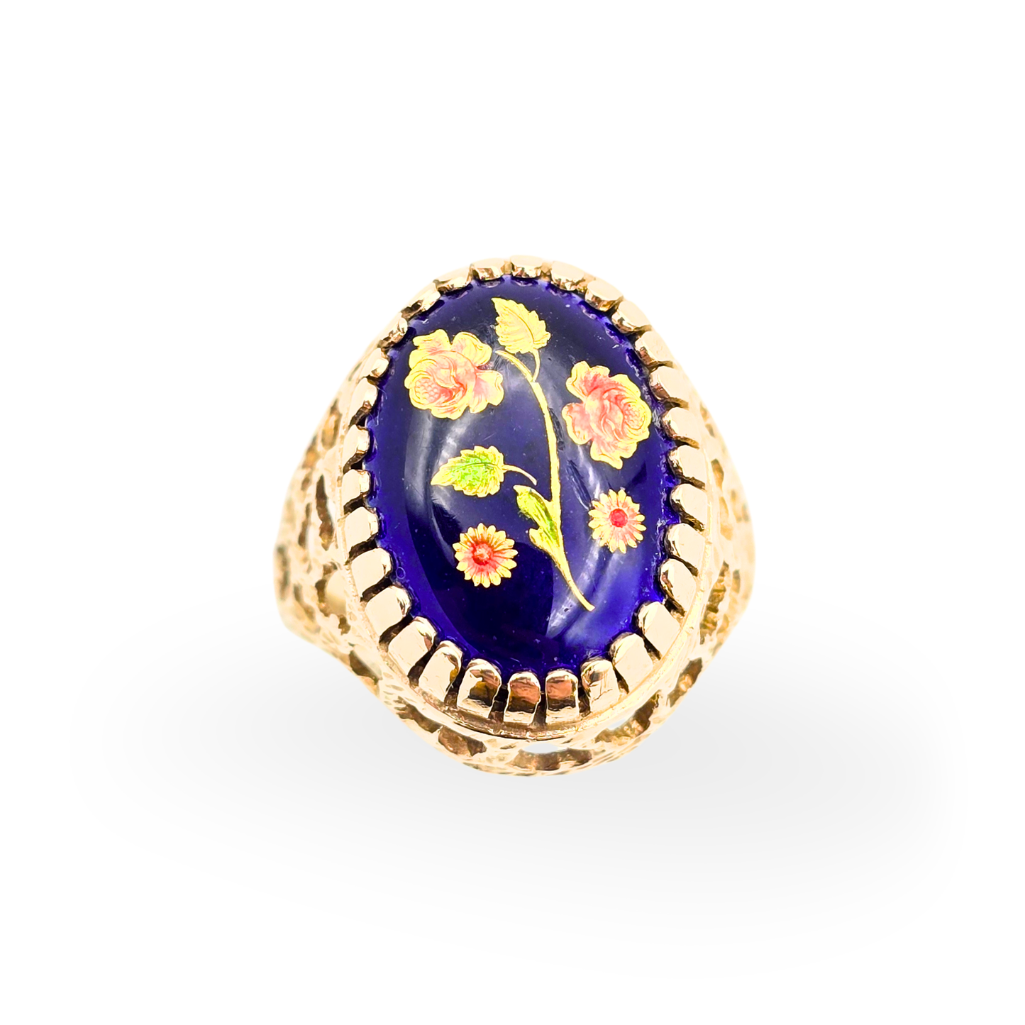 9ct Gold Cobalt Blue Floral Motif Enamel Ring, Size  UK N 1/2 US 6 3/4