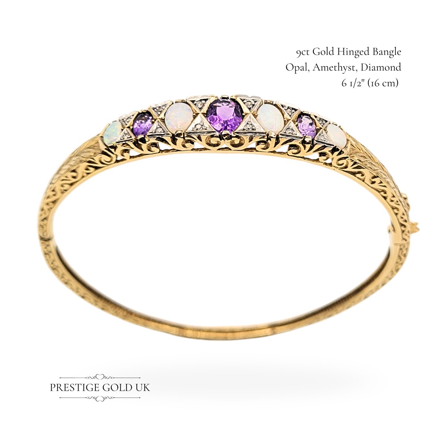 9ct Gold Amethyst Opal Diamond Bangle, 6 1/2" (16cm) 12.73g
