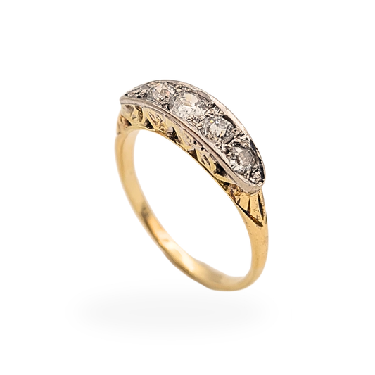 Antique five stone old cut diamond ring with 4.3mm curved boat shaped platinum and 18ct gold head, set on a 9ct yellow gold replacement shank, UK size K 1/2, unhallmarked but fully tested with visible antique detailing and wear