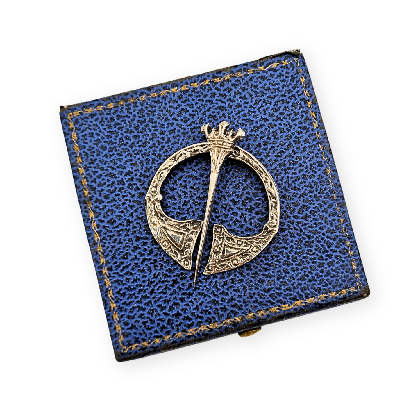 Handmade silver Celtic penannular kilt or cloak pin, stamped silver, 48mm by 39mm, weighing 13.4g. Features a crown finial and engraved triangular and knotwork patterns, crafted in traditional Celtic style with polished finish, excellent condition.