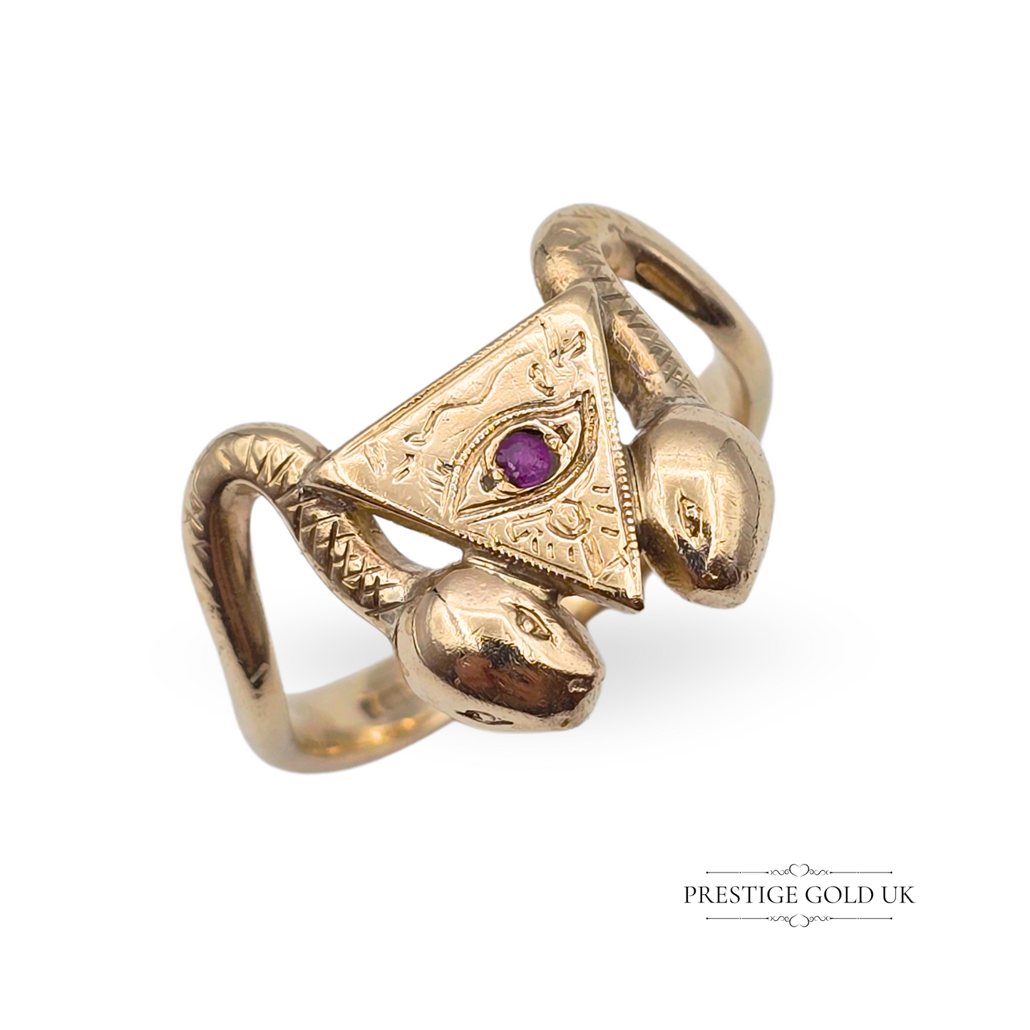 9ct Gold Snake Ring with All Seeing Eye, Dual Serpents Engraved Ring