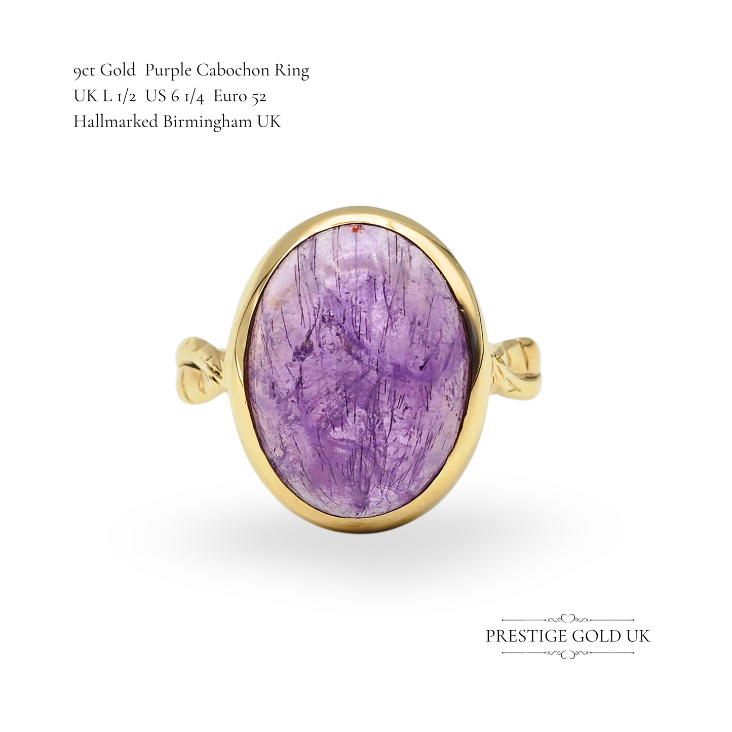 9ct Gold Purple Cabochon Ring, UK Size L 1/2, Large Vibrant Purple Cabochon