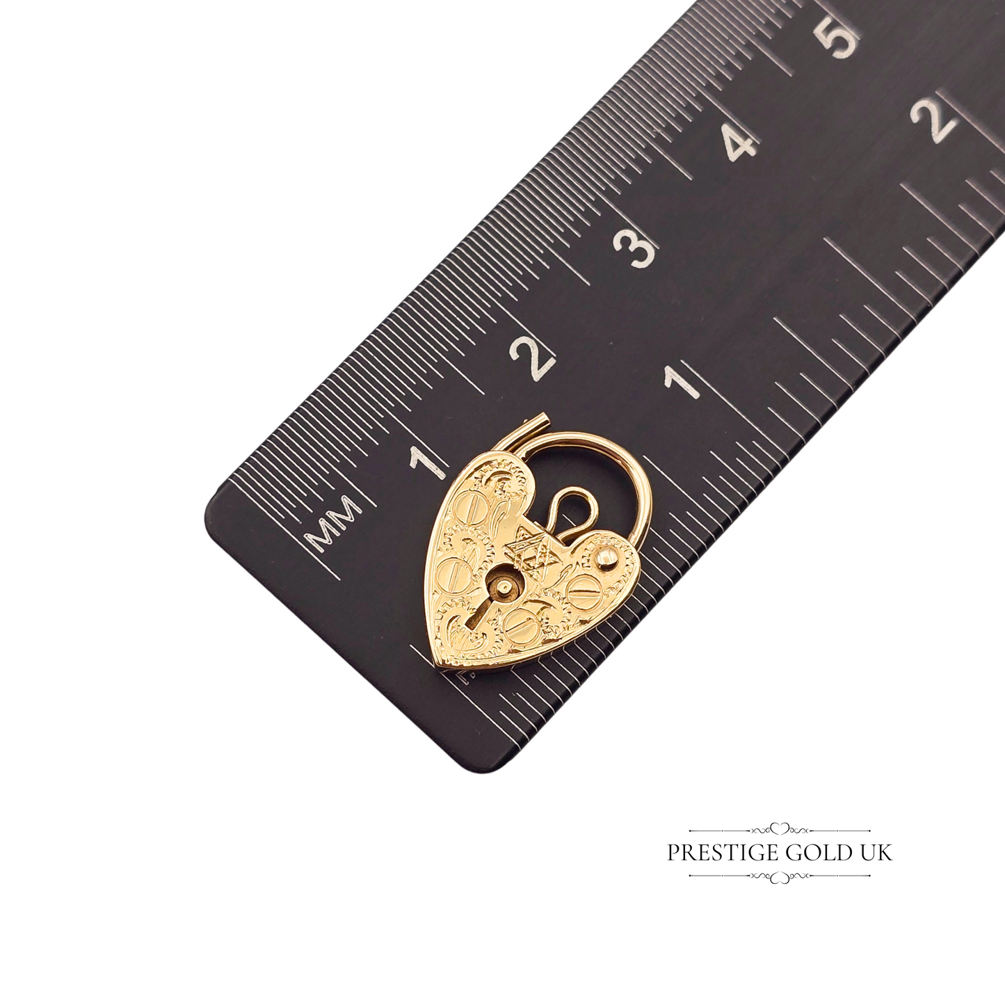 Star of David 9k Gold Heart Padlock Charm, Hallmarked London 1977, Hand Engraved