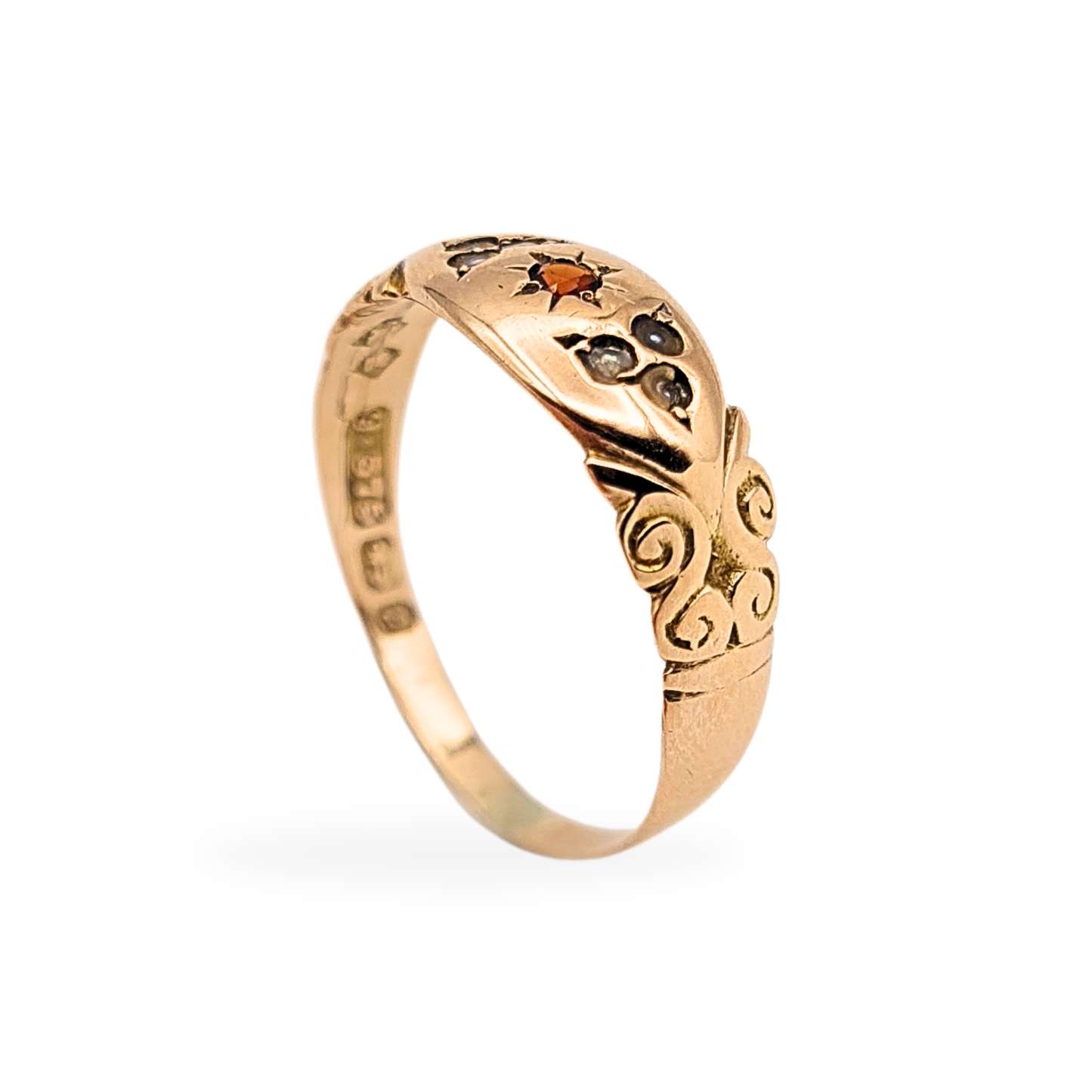 Antique 9ct Rose Gold Garnet & Pearl Ring, UK P 1/2, Birmingham 1847