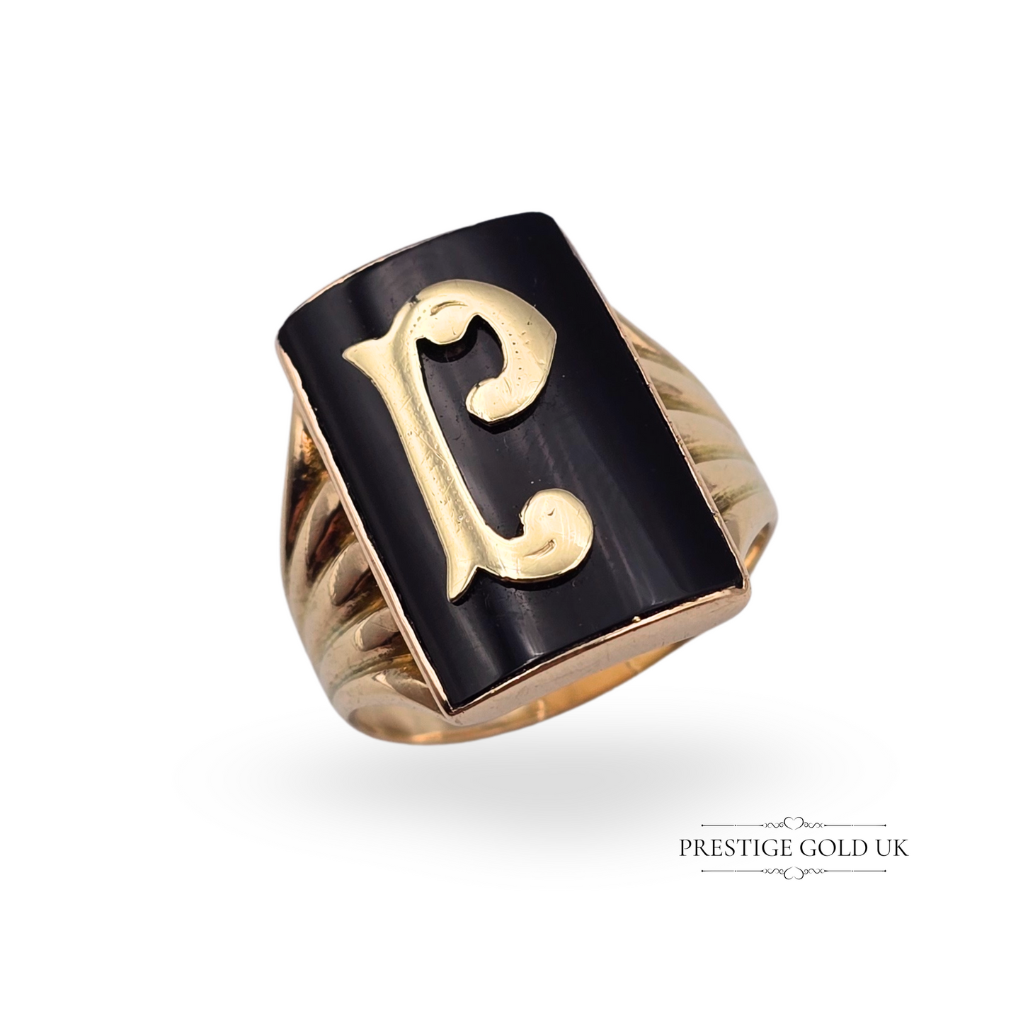 9ct Gold & Black Onyx Signet Ring P Initial, Rectangular Face  UK L 1/2  US 6