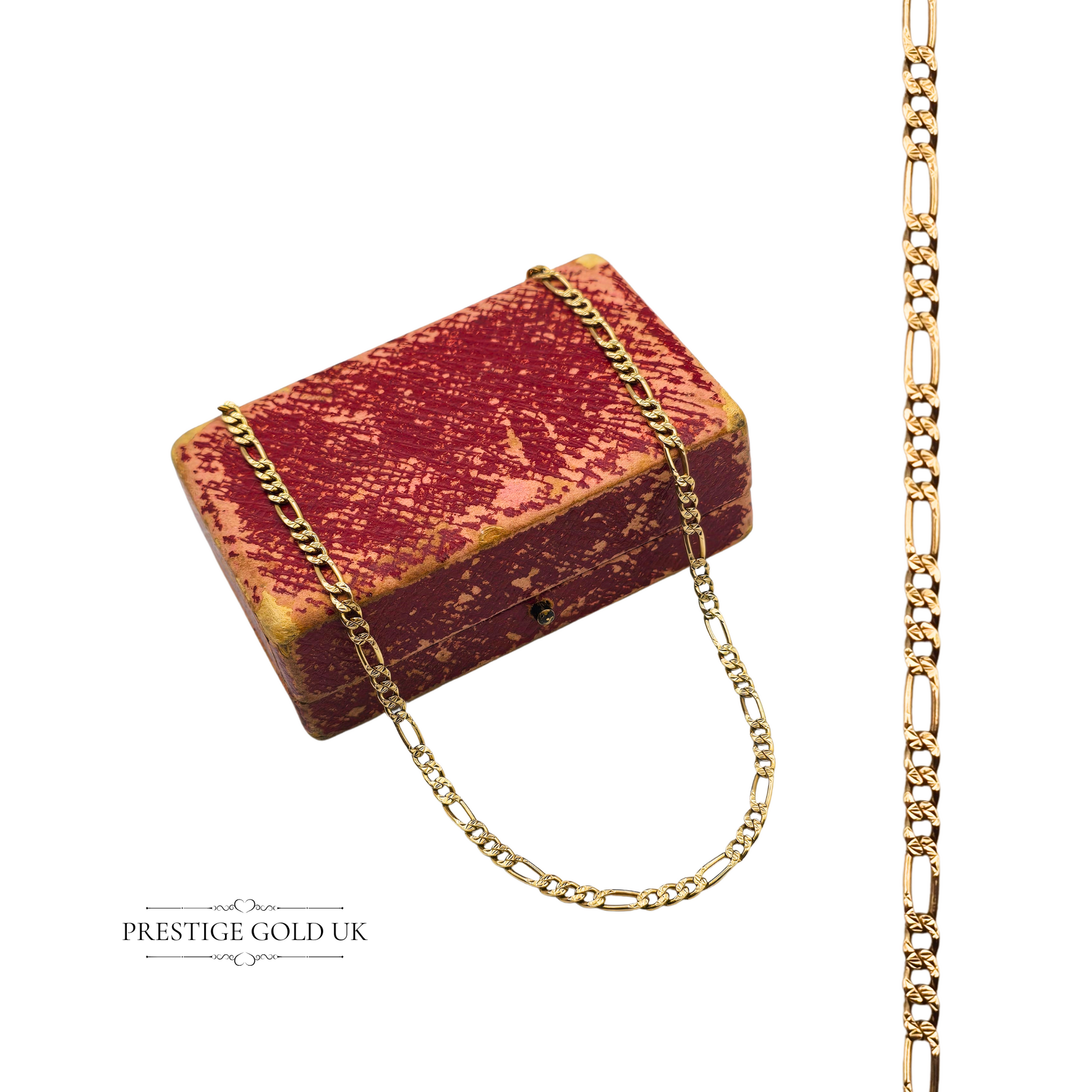 Vintage 9ct gold Figaro necklace featuring a 1990 Sheffield hallmark, diamond-cut hollow construction, 16 inches long and 3mm wide with classic link styling.