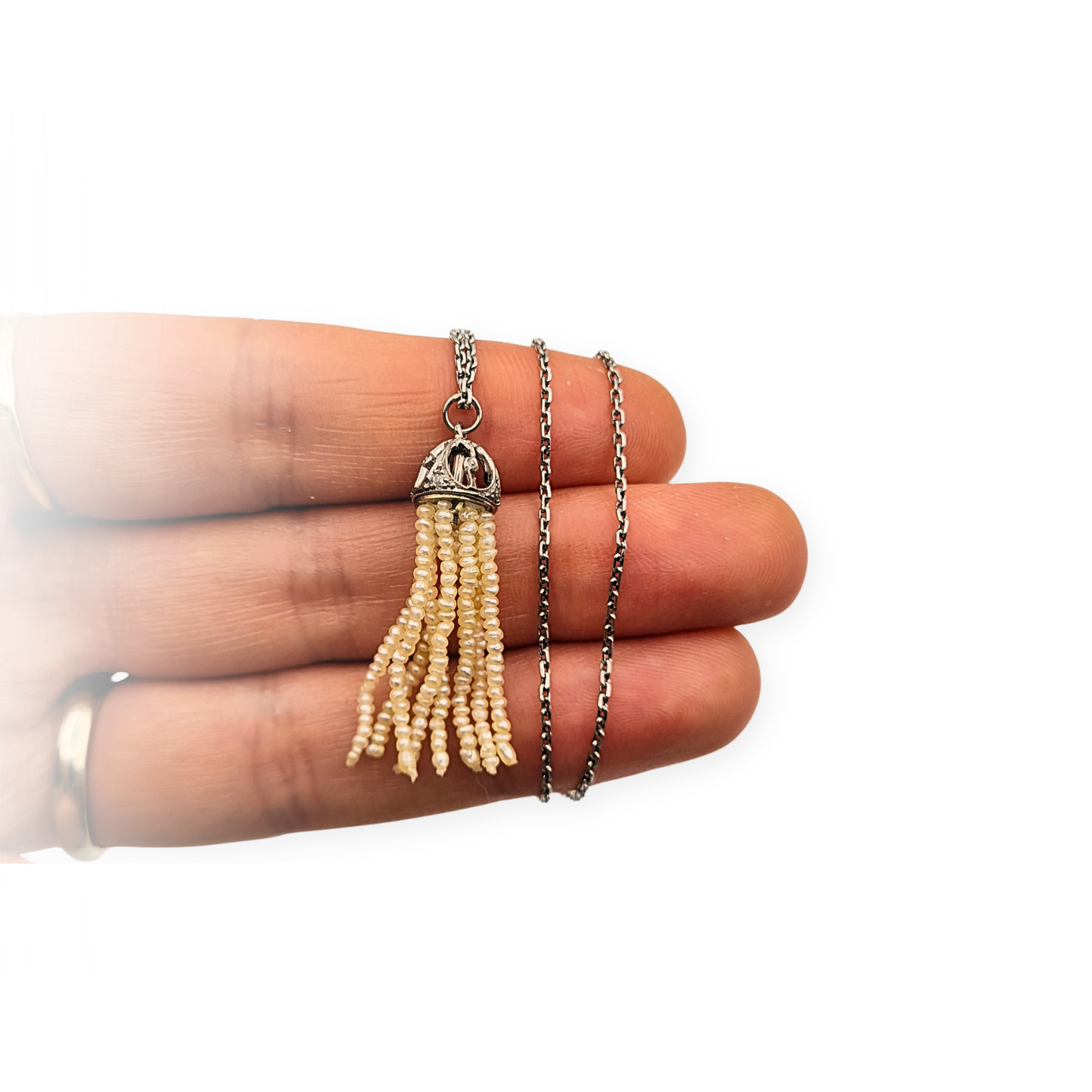 14" Lomg Platinum Chain 18ct Diamond Seed Pearl Tassel Pendant 36cm