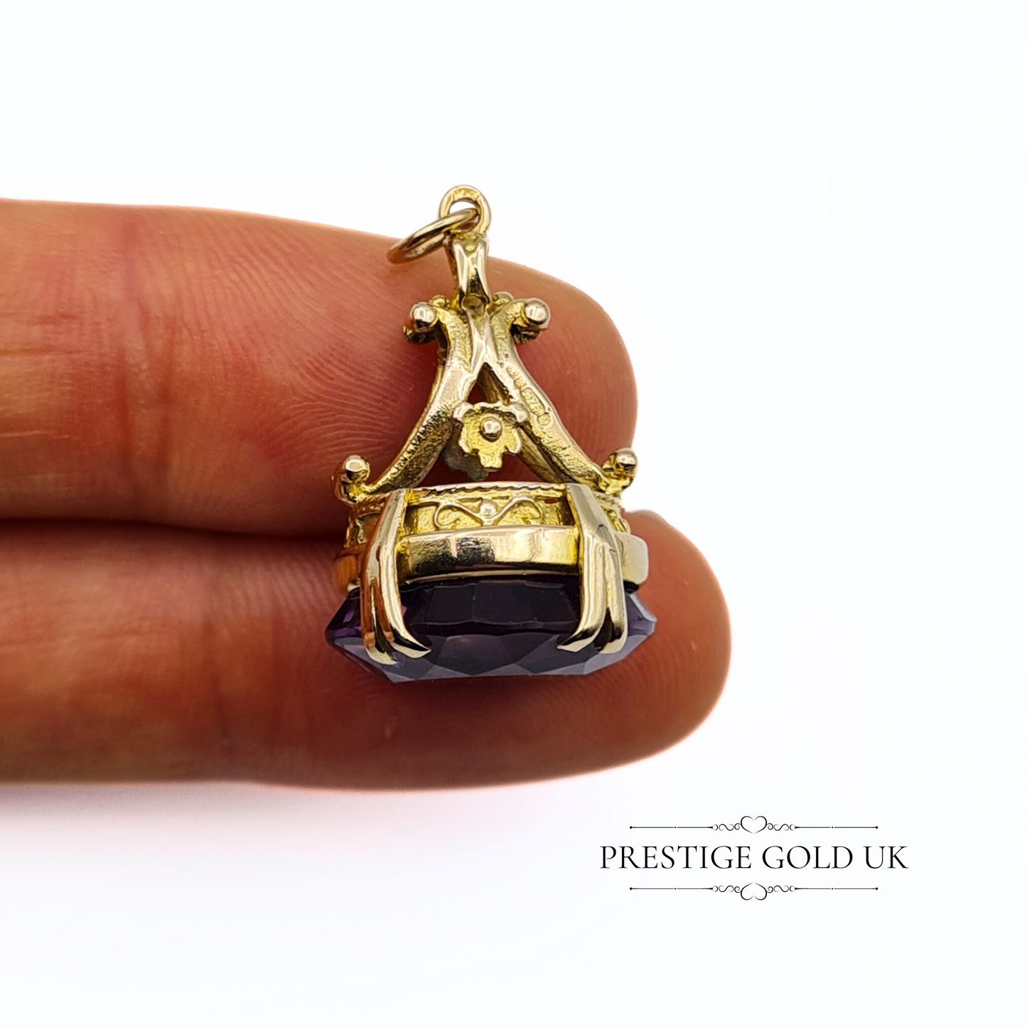 Gold Amethyst Fob 9ct - Ornate Round Amethyst Fob - Purple Amethyst Pendant