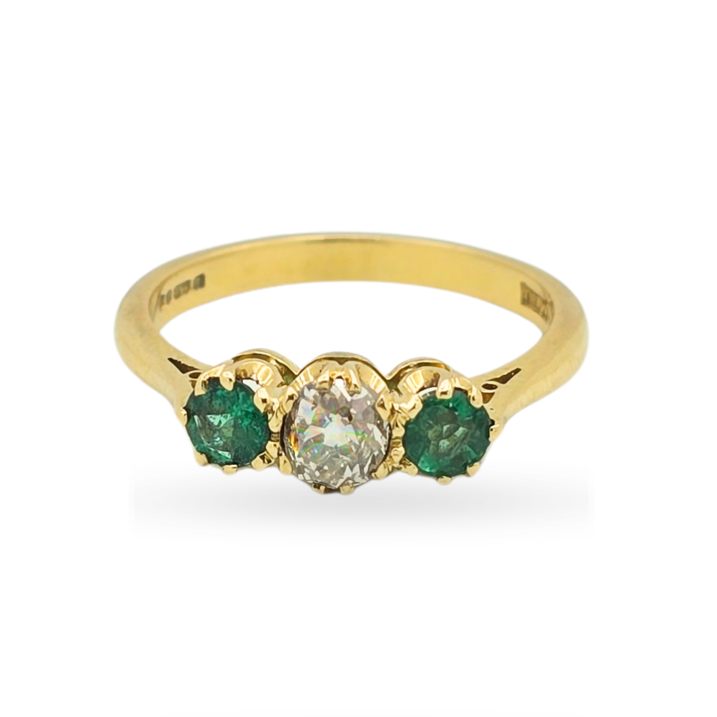 Quality 18ct Gold Diamond Emerald Trilogy Ring UK M 1/2  US 6 1/2