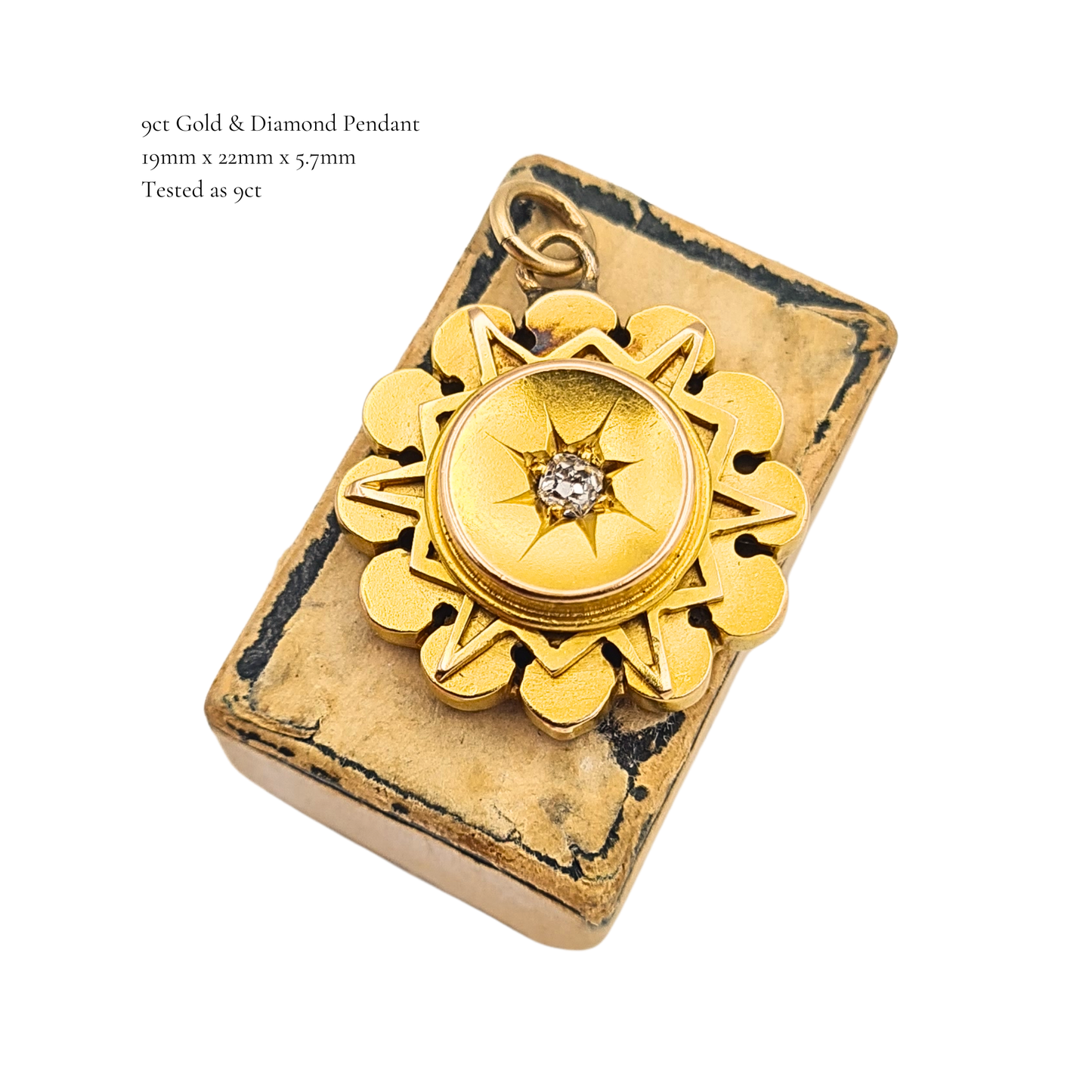 9ct Gold Antique Diamond Pendant Round Starburst Design