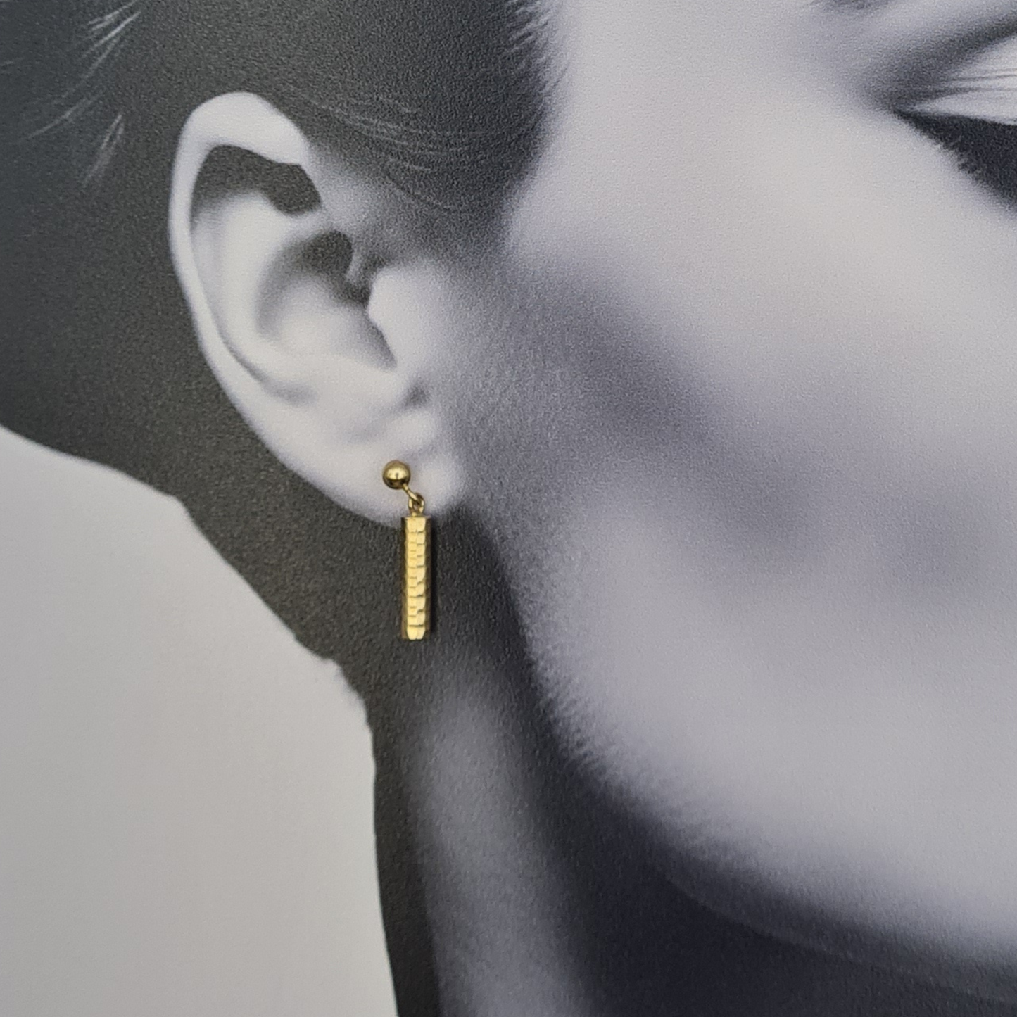 9ct Gold Barrel Drop Earrings Hammered Faceted Texture Minimalist Dangle