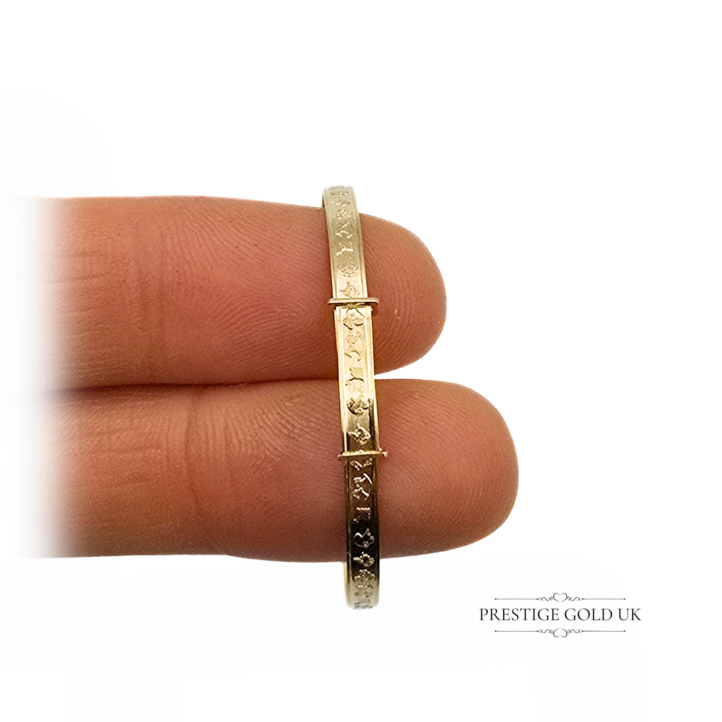 4 3/4" Vintage 9ct Gold Baby Bangle,  (12.5cm), 3mm Wide, Embossed Child's Toys Design, Christening Gift, Adjustable Gold Bracelet