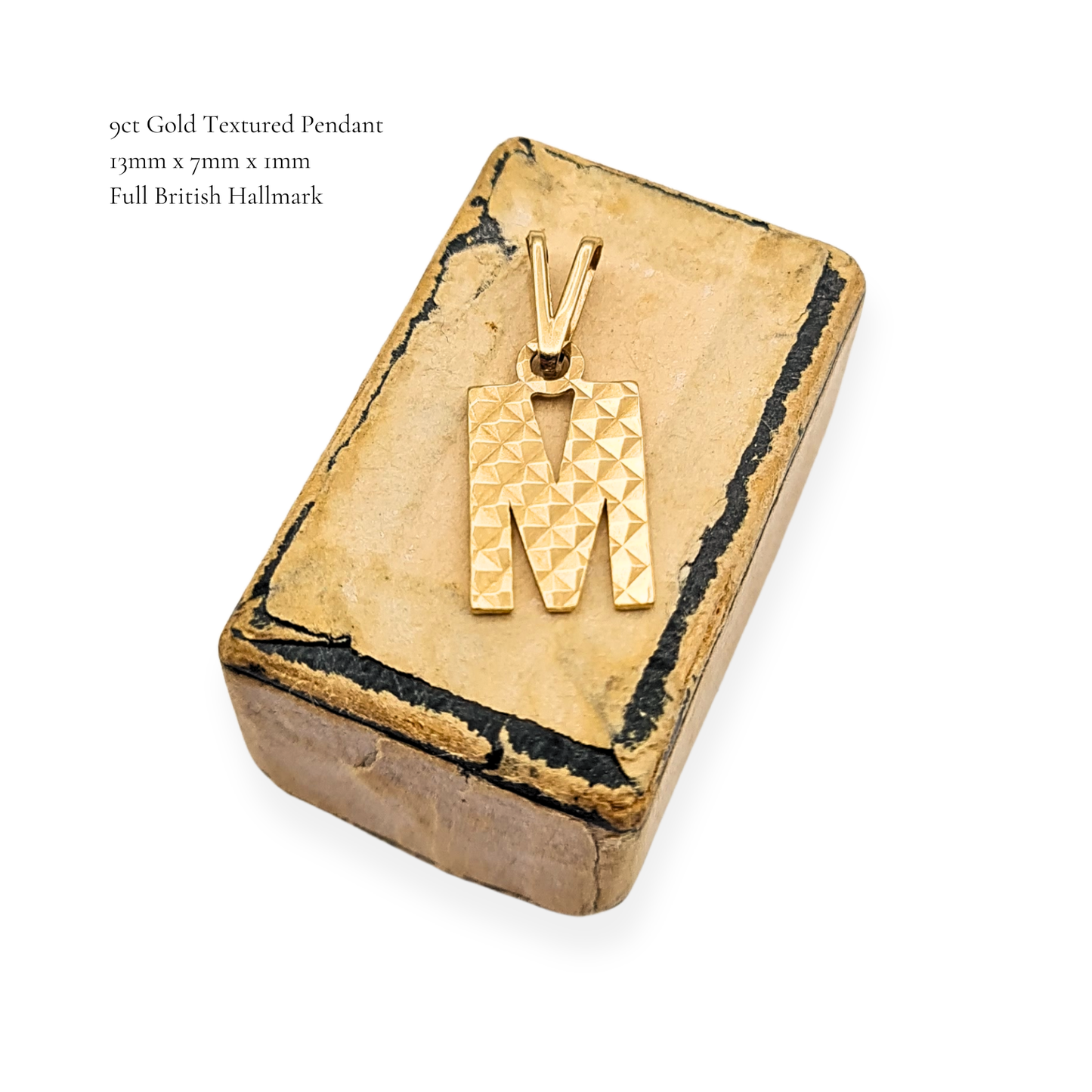9ct Gold Letter M Pendant, Textured, Hallmarked