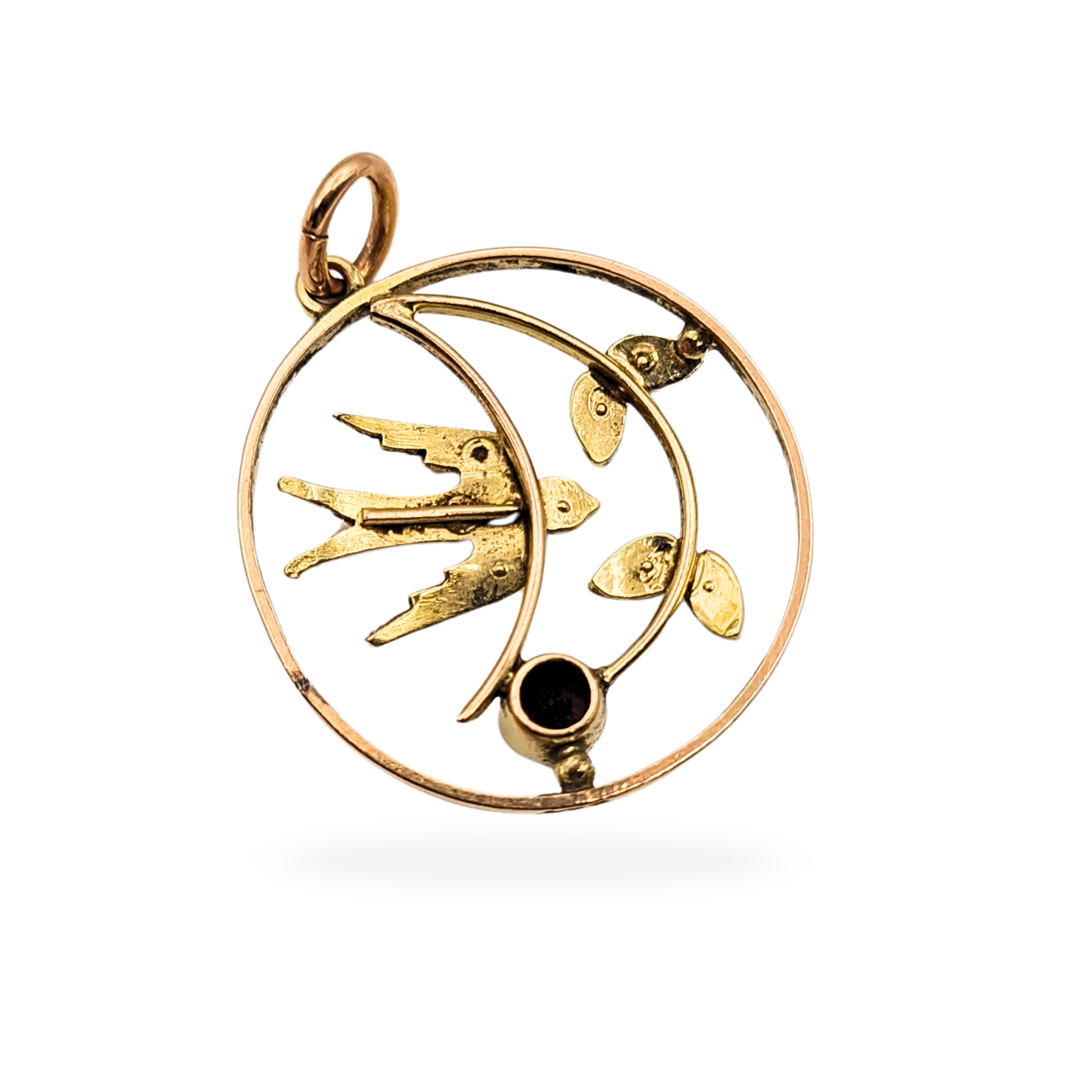 Antique 9ct Gold Swallow Pendant, Pearl Garnet, Stamped 9ct