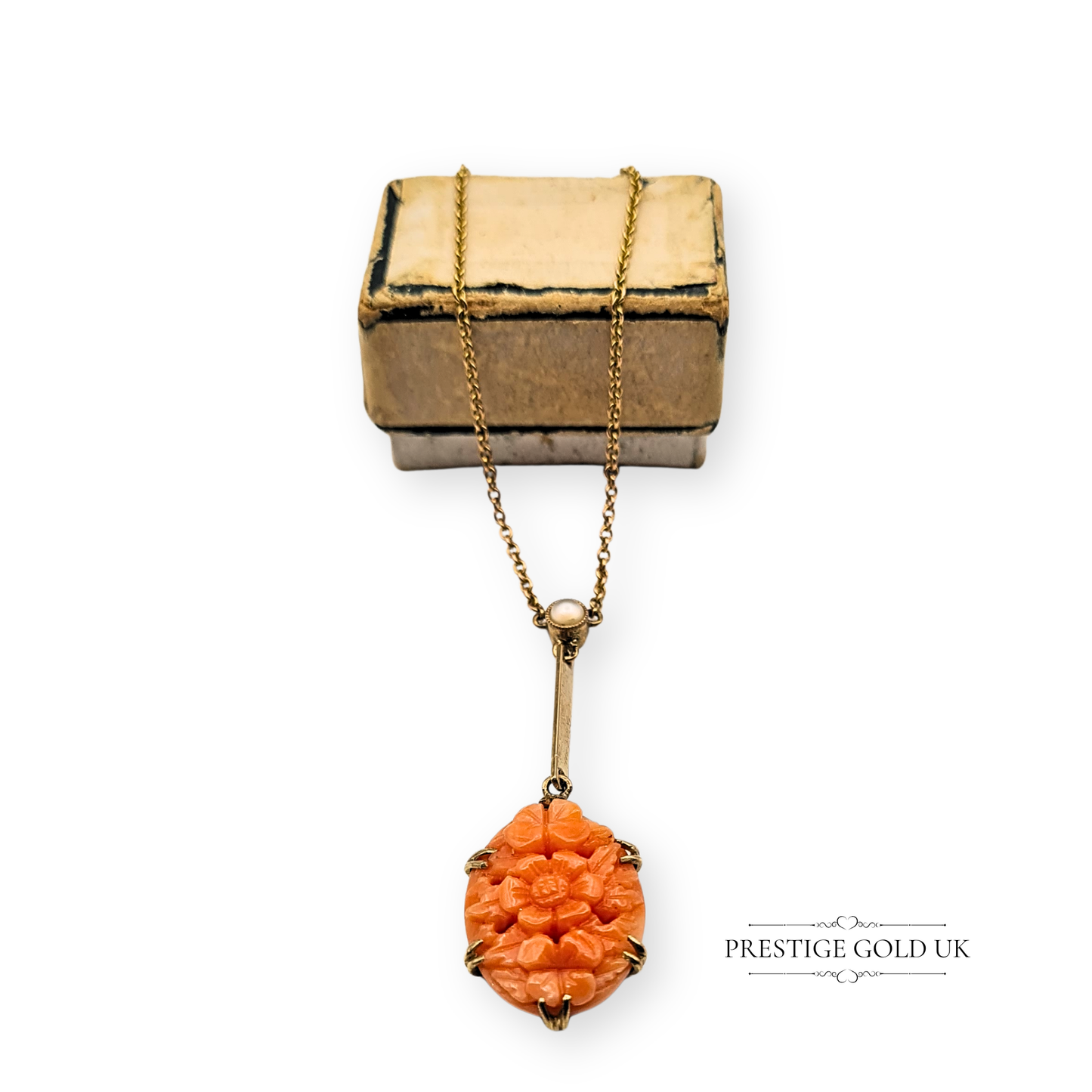 16" Long Antique 9ct Gold  Pink Coral & Pearl Pendant on Delicate Necklace