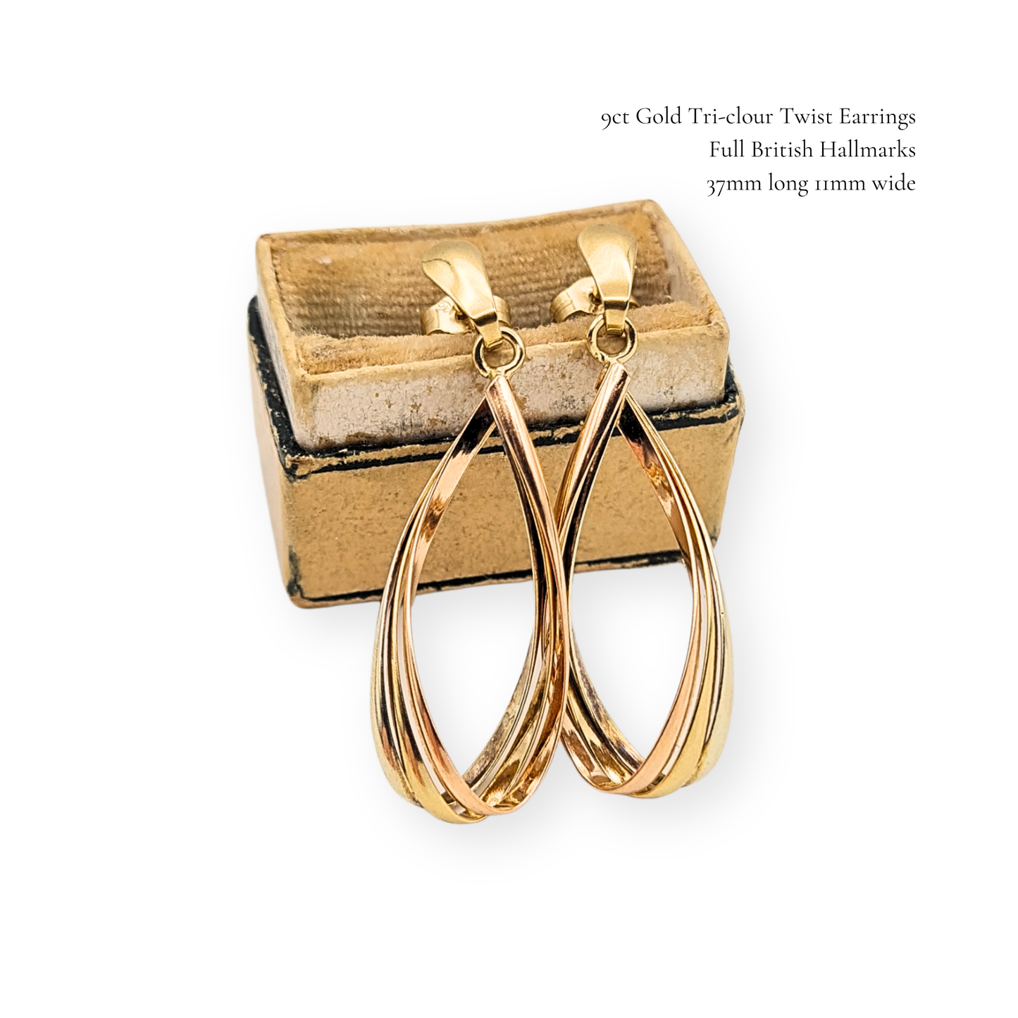 9ct Gold Tri Colour Twist Drop Earrings 37mm Fully Hallmarked