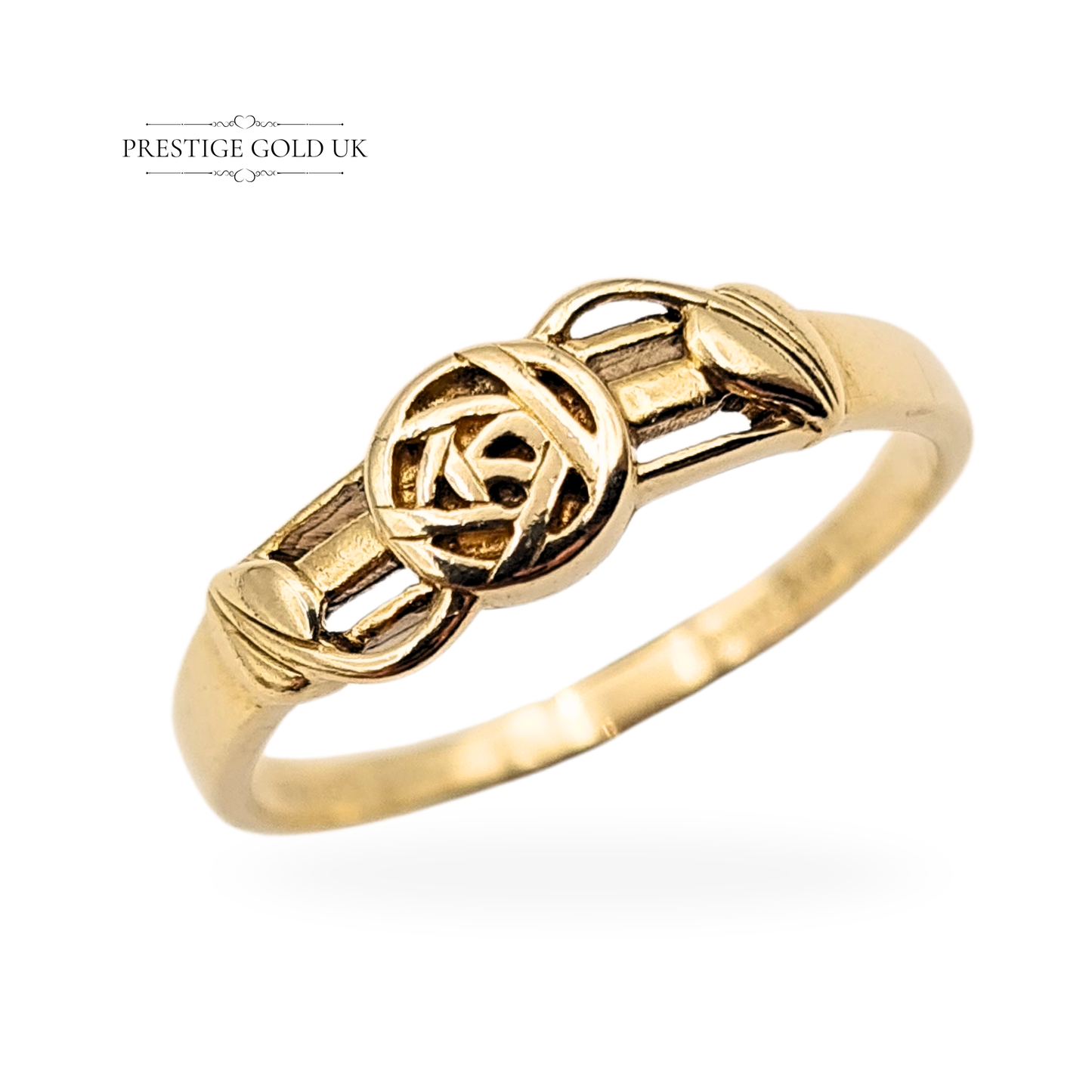 9ct yellow gold Rennie Mackintosh ring featuring a central rose and leaf motif in flowing Art Nouveau design, fully British hallmarked, 5mm wide, size UK P / US 7 1/2, polished finish and elegant craftsmanship, designer-style gold jewellery.
