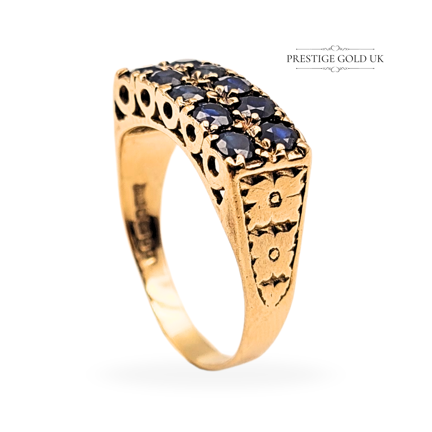 9ct Gold Twin Row Sapphire Ring, Floral-claw Setting Band UK T, US 9 3/4