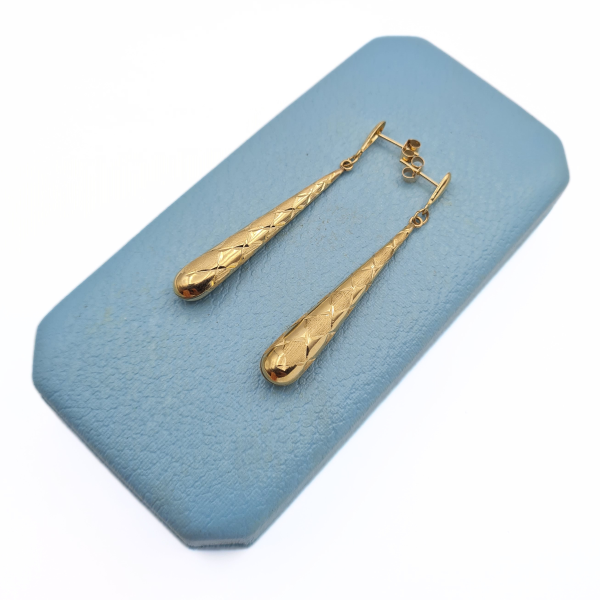 9ct Gold Long Drop Earrings,  Diamond Cut Textured Dangle Earrings