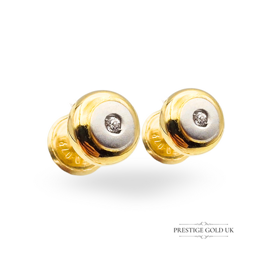 14ct Gold Round Stud Earrings, CZ Centre, 6mm Wide, Screw Backs, Two-Tone