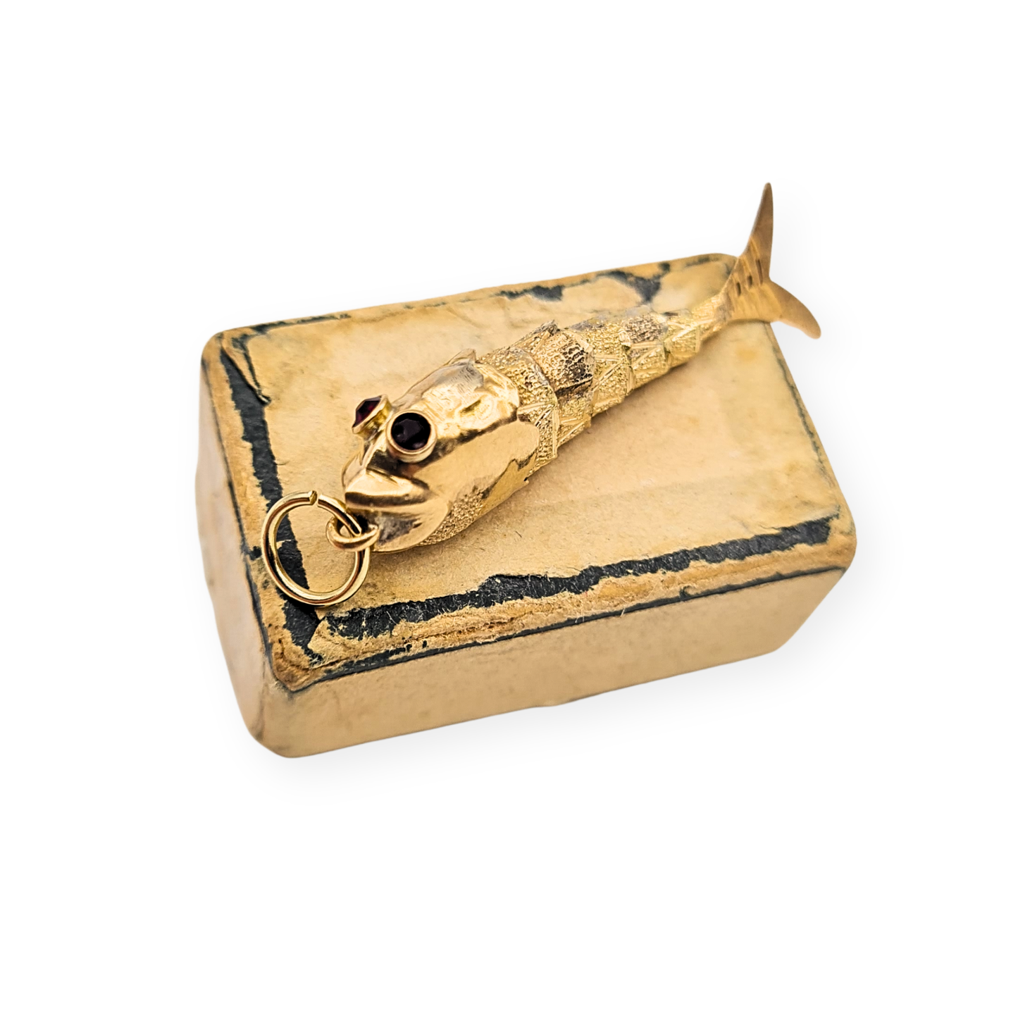 9ct Gold Articulated Fish Pendant Charm Red Stone Eyes