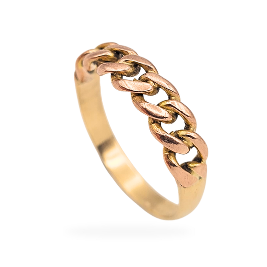 Custom made 9ct rose and yellow gold chain ring in a curb link design, size UK X US 11 1/2, 5mm wide and weighing 3.4g. Not hallmarked but fully tested for 9ct gold purity, featuring mixed gold tones and a solid polished band.